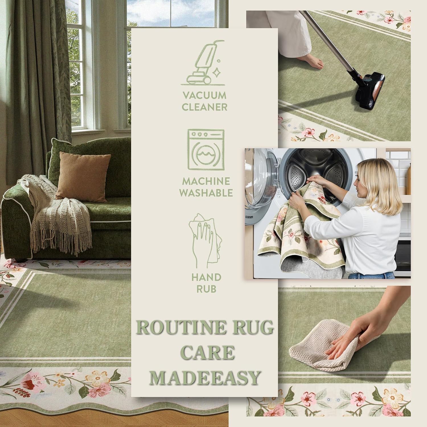 Lahome Floral Scalloped Rug 5x7, Green Rugs for Living Room Ultra-Thin, Vintage Boho Washable Area Rug 5x7 Soft Bedroom Rugs Non-Slip Throw Carpet for Farmhouse Dining Room Playroom Ariele - Image 6