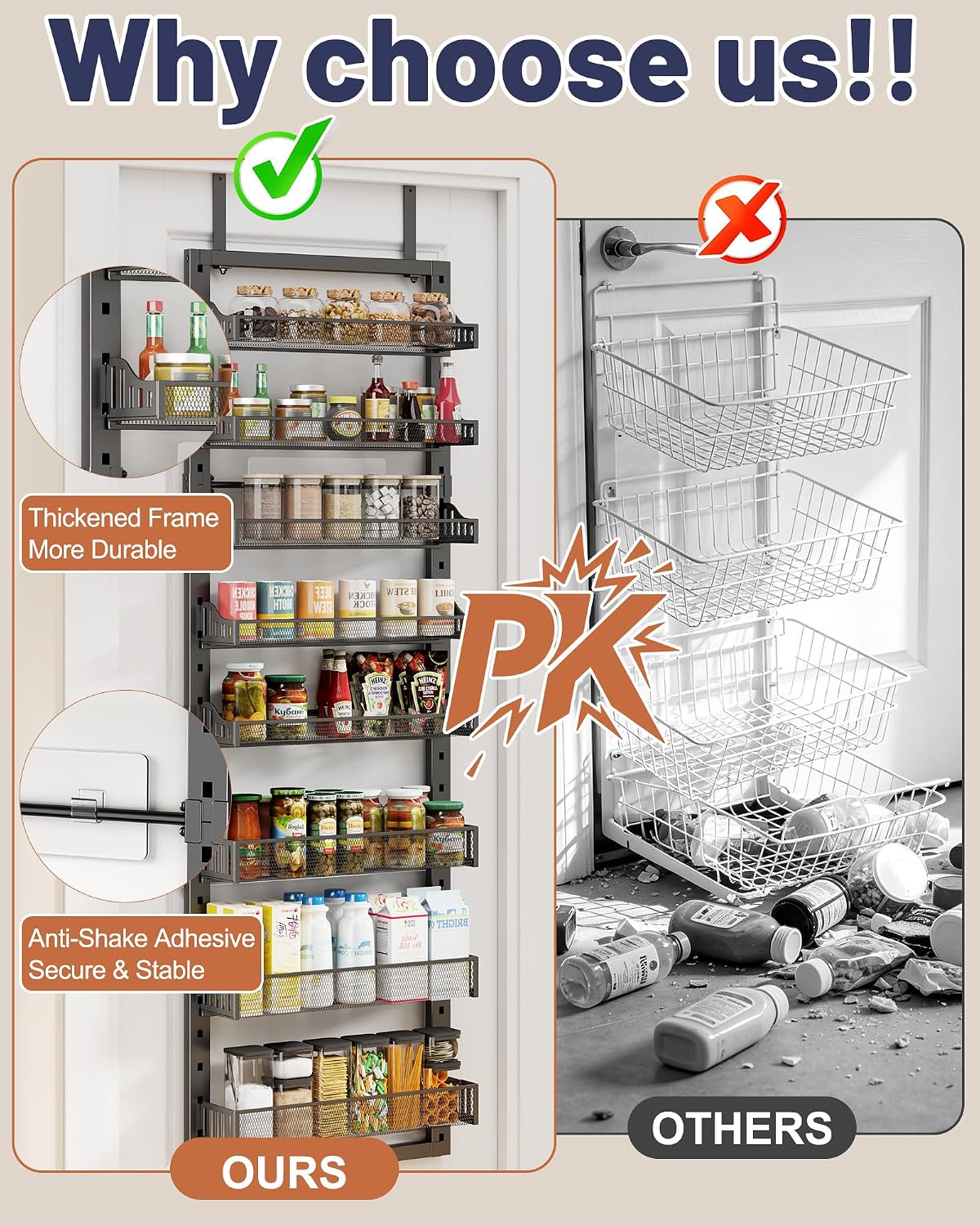 8 Tier Pantry Door Organizer, 2 IN 1 Over the Door Pantry Organizer with Metal Adjustable Baskets,Spice Rack Wall Mount or Door Organizer, Door Spice Rack for Pantry - Image 8
