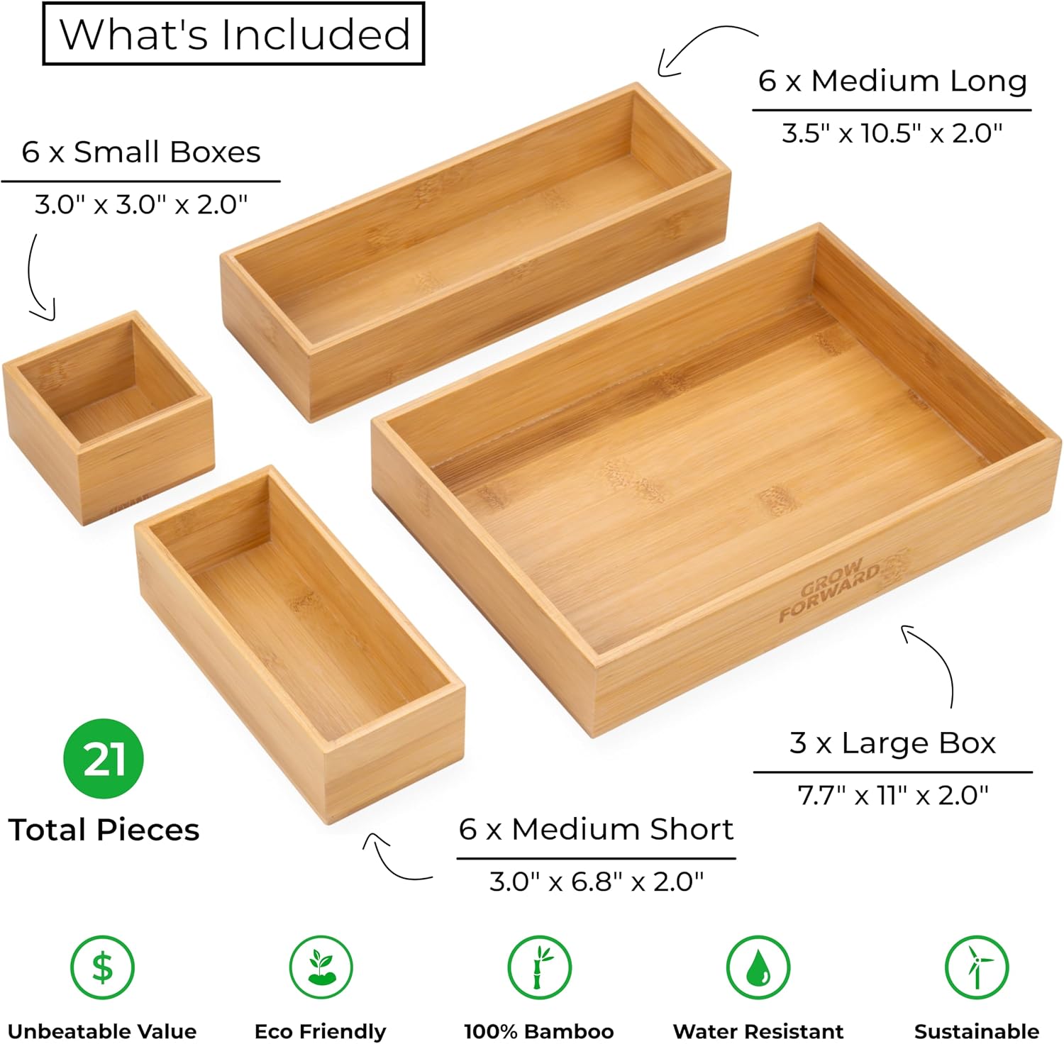 Grow Forward Bamboo Drawer Organizer Boxes - Set of 21 Wooden Drawer Organizers for Kitchen, Bathroom, Office, Desk, Vanity, Makeup - Non-Slip Junk Drawer Organizer Trays for Storage and Organization - Image 3