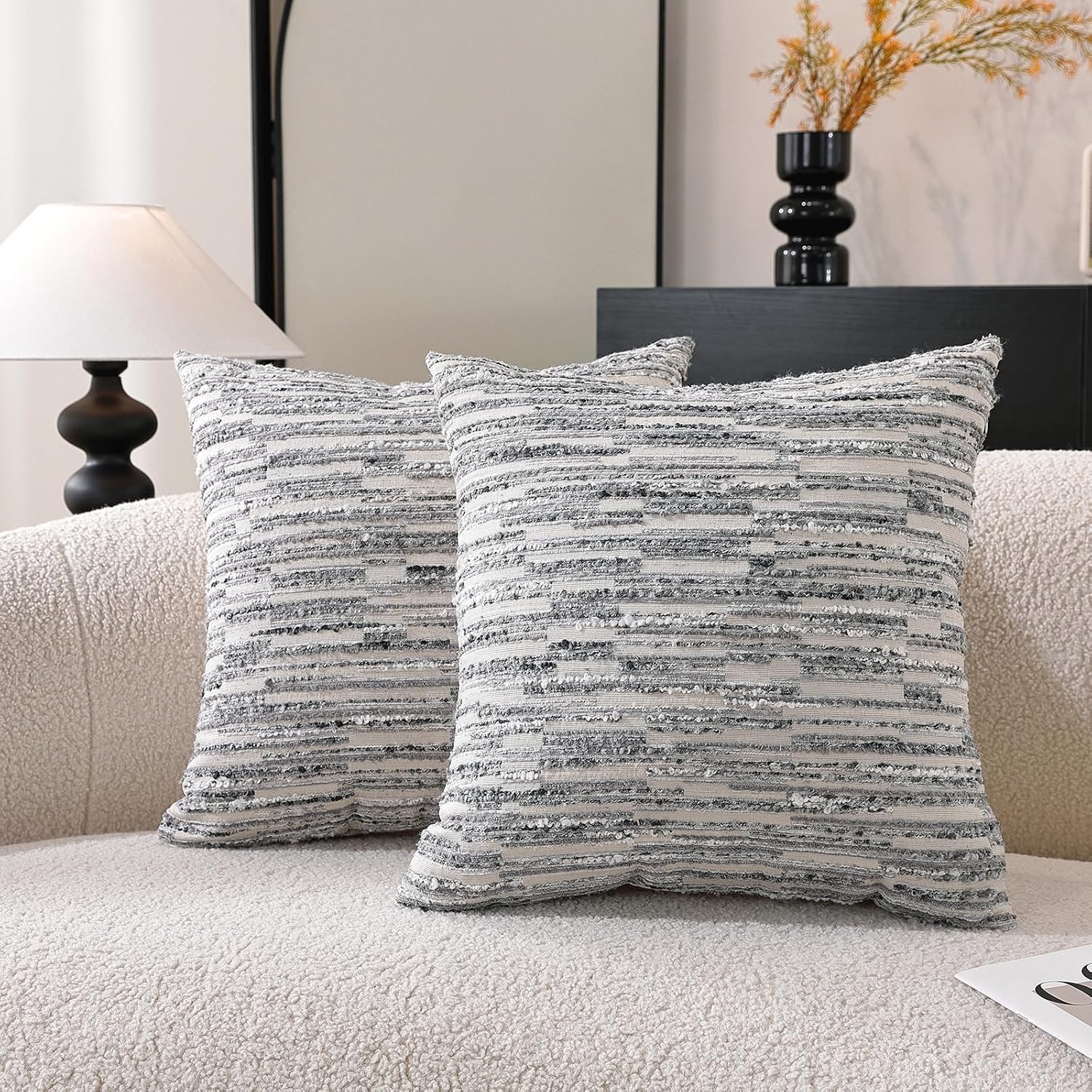 Striped Throw Pillow Covers 18x18 Set of 2 Gray Textured Boucle Chic Morden Boho Accent Farmhouse Decorative Chenille Pillow Covers for Home Decor Bed Sofa Living Room - Image 2