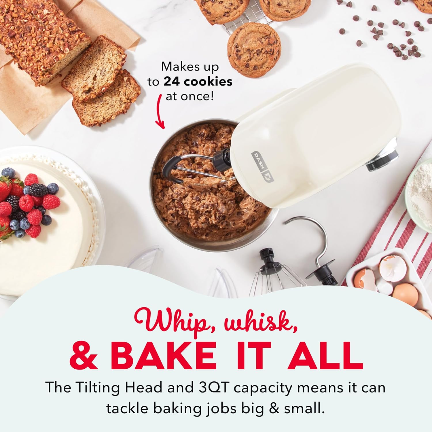 Dash 3.5QT Tilt-Head Stand Mixer - Electric Stand Mixer with Stainless Steel Bowl and Splash Guard For Baking - Cream, 3.5-Quart - Image 3