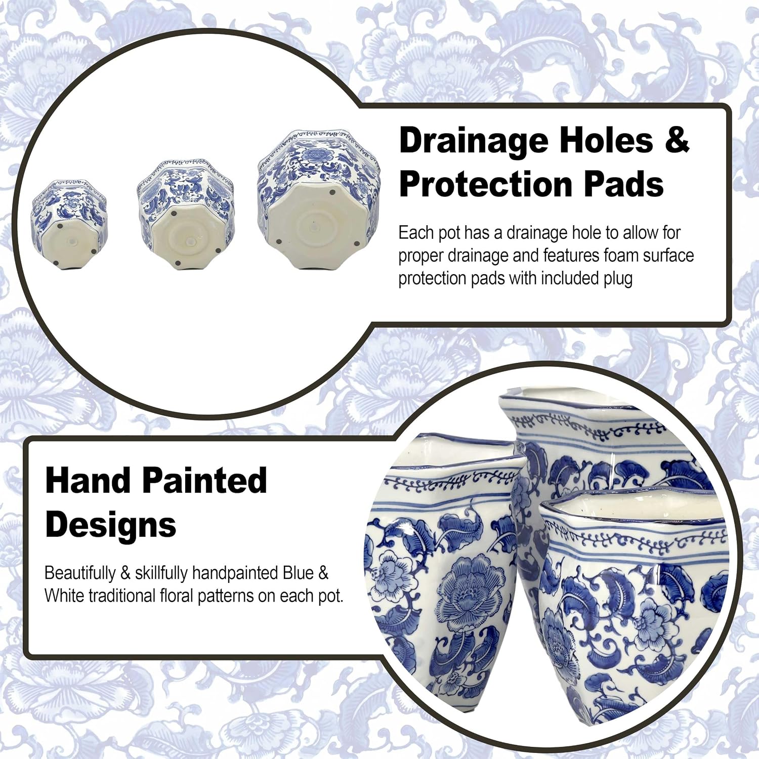 Galt International Blue & White Round Fluted Classic Floral Porcelain Ceramic Plant Flower Planter Pot Set of 3 (7.5", 10", 13") Garden Pots Chinese Asian Design - Image 4