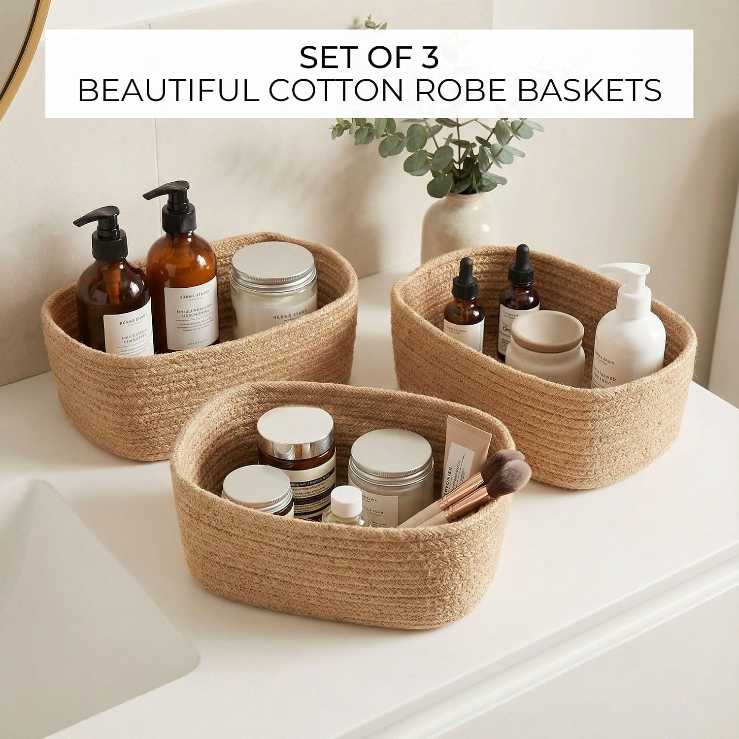 Beautiful Storage Basket Set of 3 - Sturdy Jute Rope Baskets for Shelves Are Perfect for Organizing Your Home - Quality Storage Bins Easily Fit With Any Nursery or Bedroom Decor - Image 3