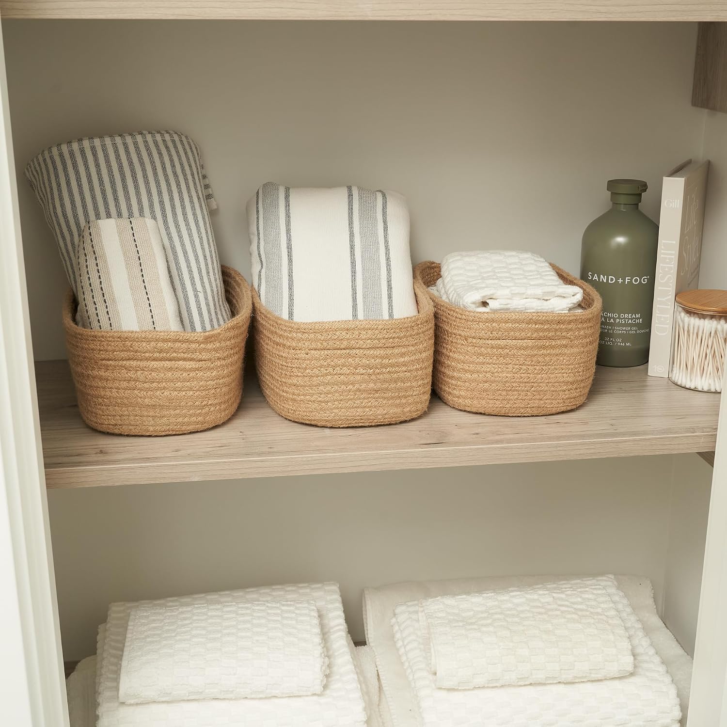 Beautiful Storage Basket Set of 3 - Sturdy Jute Rope Baskets for Shelves Are Perfect for Organizing Your Home - Quality Storage Bins Easily Fit With Any Nursery or Bedroom Decor - Image 2