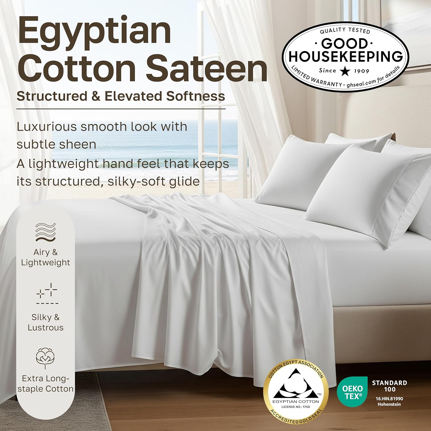 California Design Den 100% Egyptian Cotton Sheets Queen Size Set - Certified Authentic Luxury Queen Sheet Set with Deep Pocket, Soft Sateen, Breathable & Durable Bed Sheets, White Sheets - Image 3