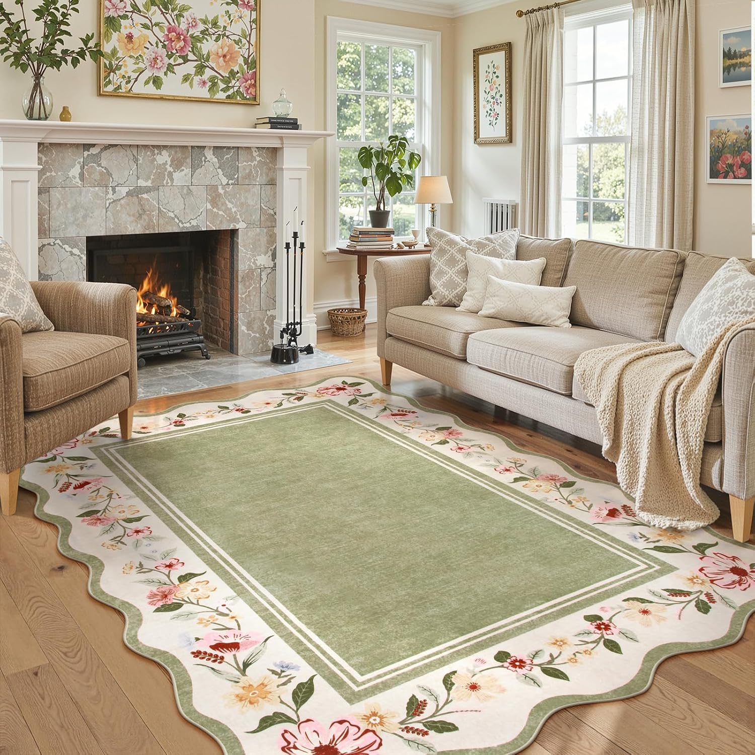 Lahome Floral Scalloped Rug 5x7, Green Rugs for Living Room Ultra-Thin, Vintage Boho Washable Area Rug 5x7 Soft Bedroom Rugs Non-Slip Throw Carpet for Farmhouse Dining Room Playroom Ariele - Image 2
