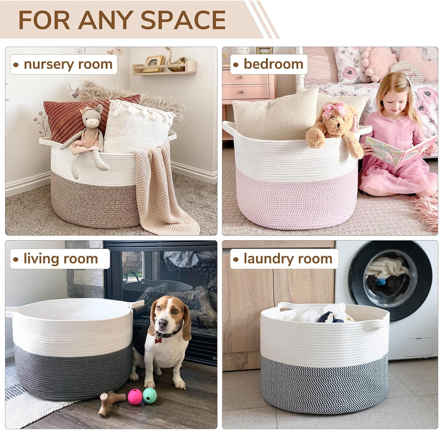 INDRESSME XXXLarge Blanket Basket for Living Room 21.7" x 21.7" x 13.8"-Storage Basket with Handle for Organizing Toy Pillows Woven Cotton Rope Laundry Basket Stuffed Animal Toy Storage for Play Room - Image 9