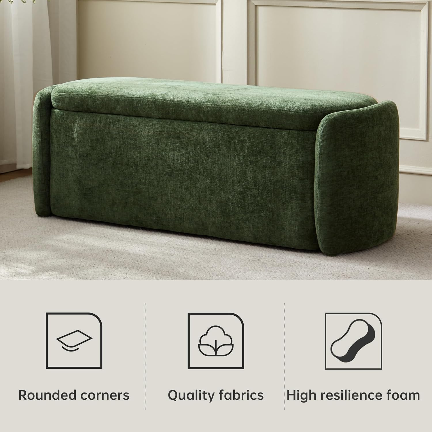 VKNOW 46" Oval Storage Ottoman Bench, Upholstered End of Bed Bench Ottomans Bench Foot Rest, Sherpa Storage Bench for Bedroom, Living Room and Hallway, Green - Image 4