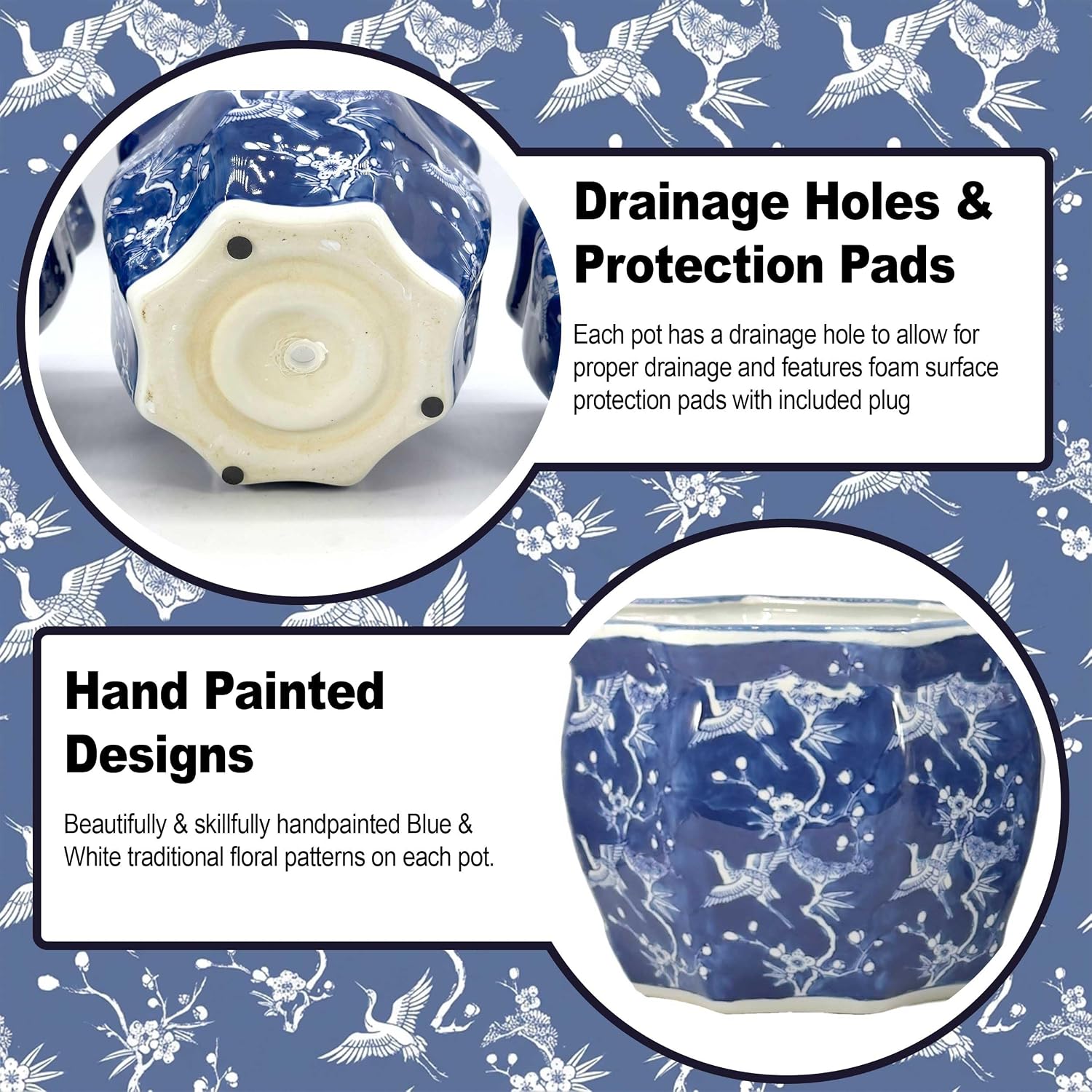 Galt International White & Blue Crane Round Fluted Floral Porcelain Ceramic Plant Flower Planter Pot Set of 3 (7.5", 10", 13") Garden Pots Chinese Asian Design - Image 4
