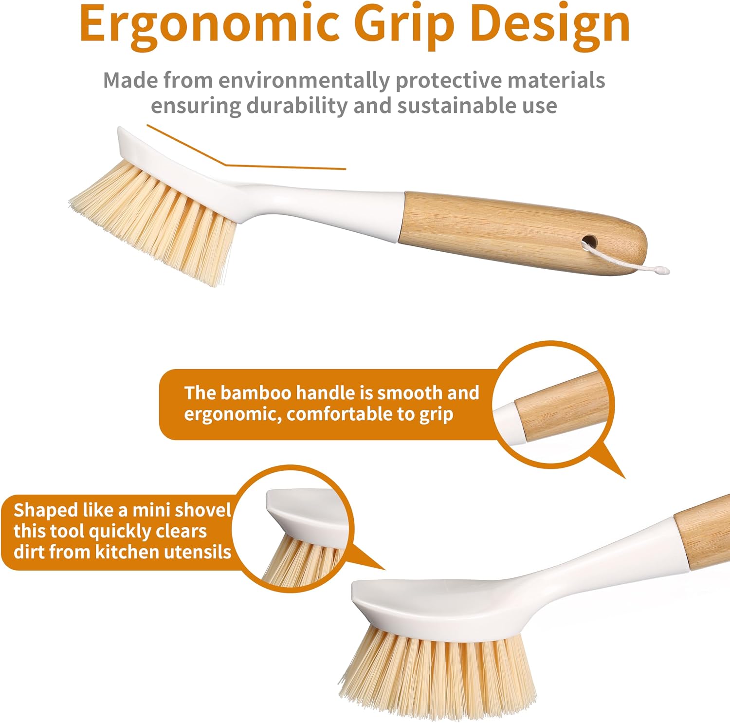 2 Pack Kitchen Dish Brush Bamboo Handle Dish Scrubber Built-in Scraper, Scrub Brush for Pans, Pots, Kitchen Sink Cleaning, Dishwashing and Cleaning Brushes are Perfect Cleaning Tools, White - Image 4