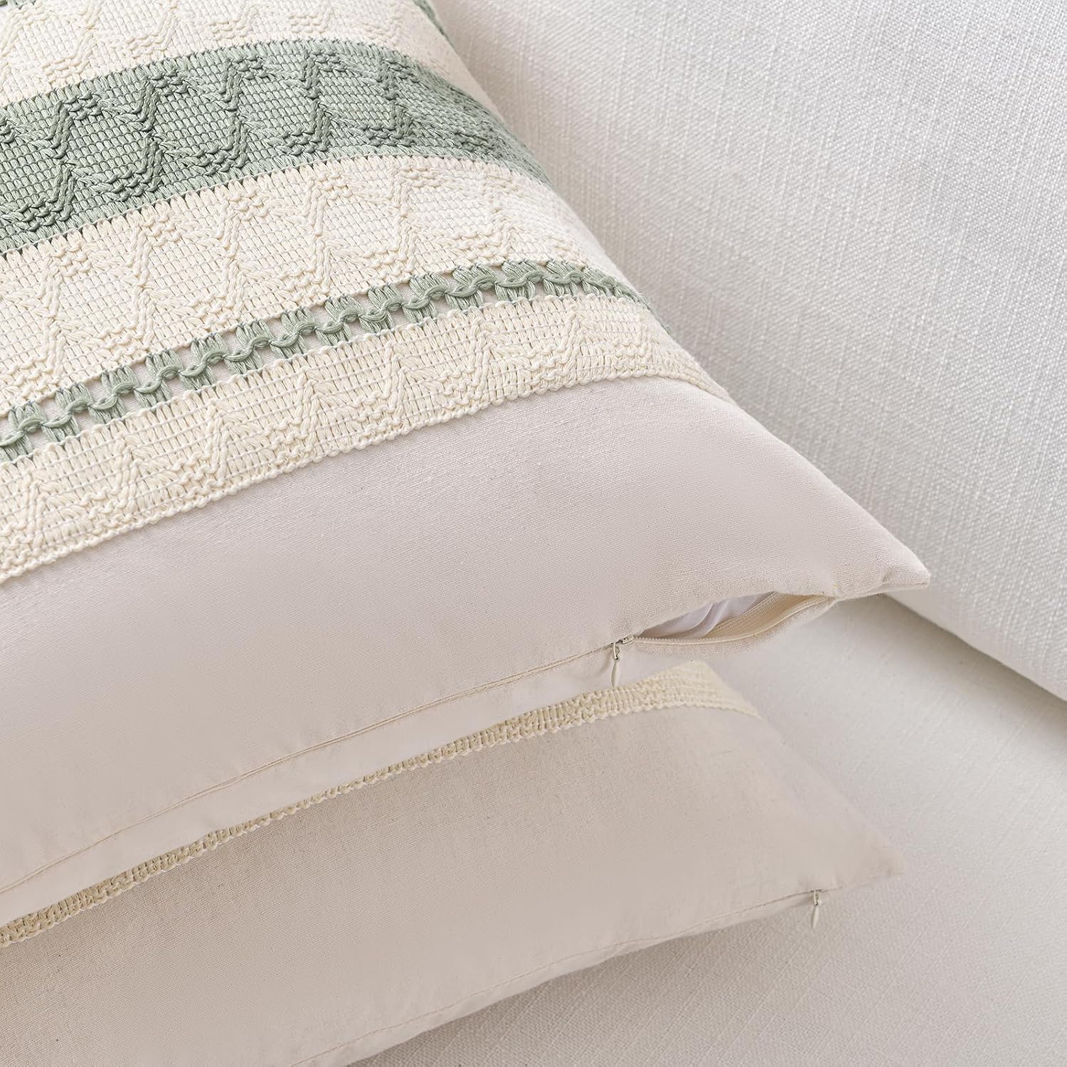 Fancy Homi Set of 1 Sage Green Boho Lumbar Decorative Throw Pillow Covers 12x20 Inch for Living Room Bedroom Couch Bed Chair, Rustic Retro Cushion Case, Bohemian Room Home Decor - Image 3
