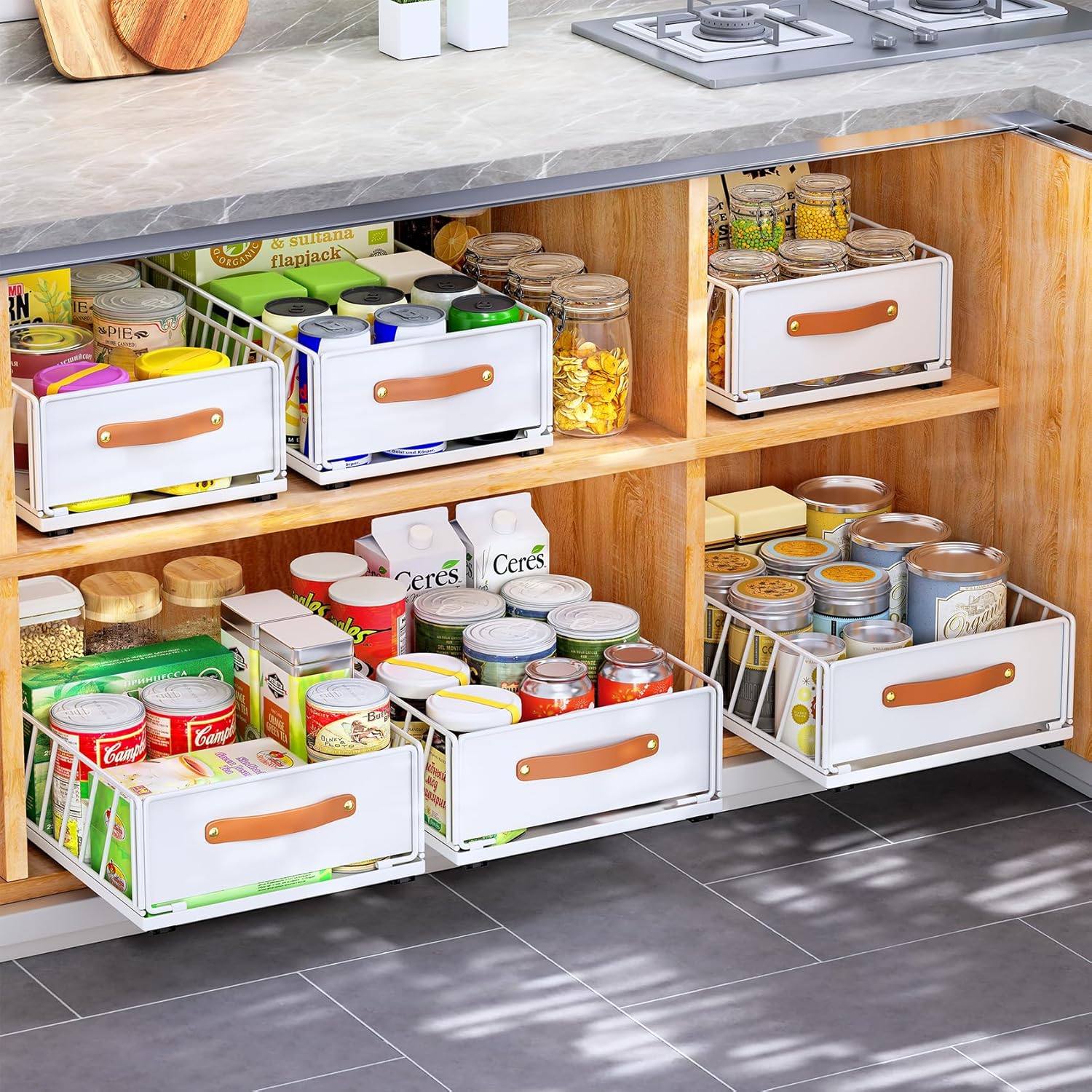 Pull out Cabinet Organizer,Heavy Duty Slide out Pantry Shelves Drawer Storage with Adhesive Nano Film,Sliding Mesh Cabinet Basket with Handle for Kitchen, Bathroom, Home, 11.8W" X 15.7"D X 6.2"H,White - Image 9