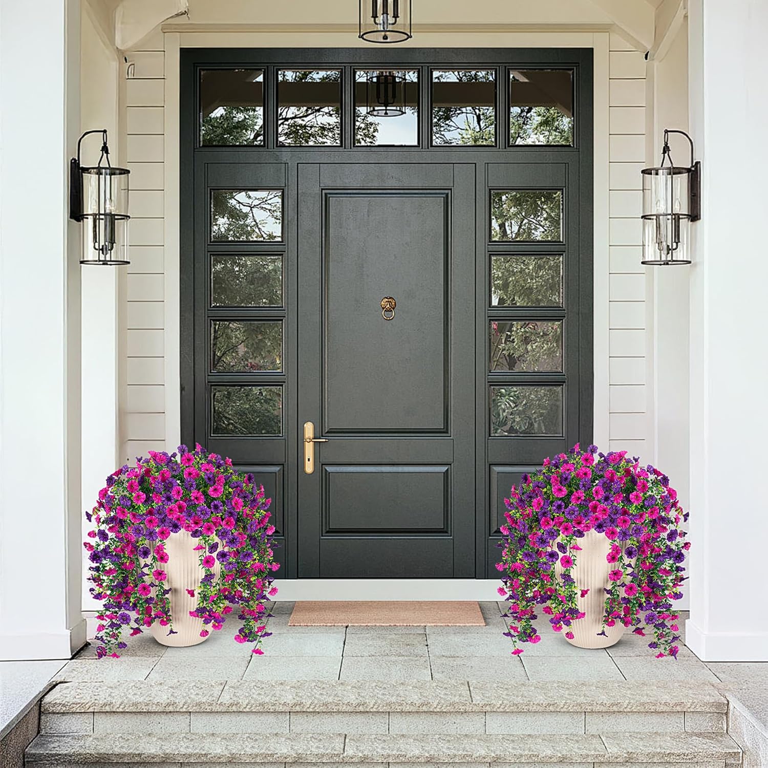 Artificial Hanging Petunias Flowers for Outdoor, 2pcs Fake Plants Long Vine Morning Glory Eucalyptus, UV Resistant Realistic Faux Greenery Indoor Outside Patio Porch Garden Spring Summer Decor, Purple - Image 6