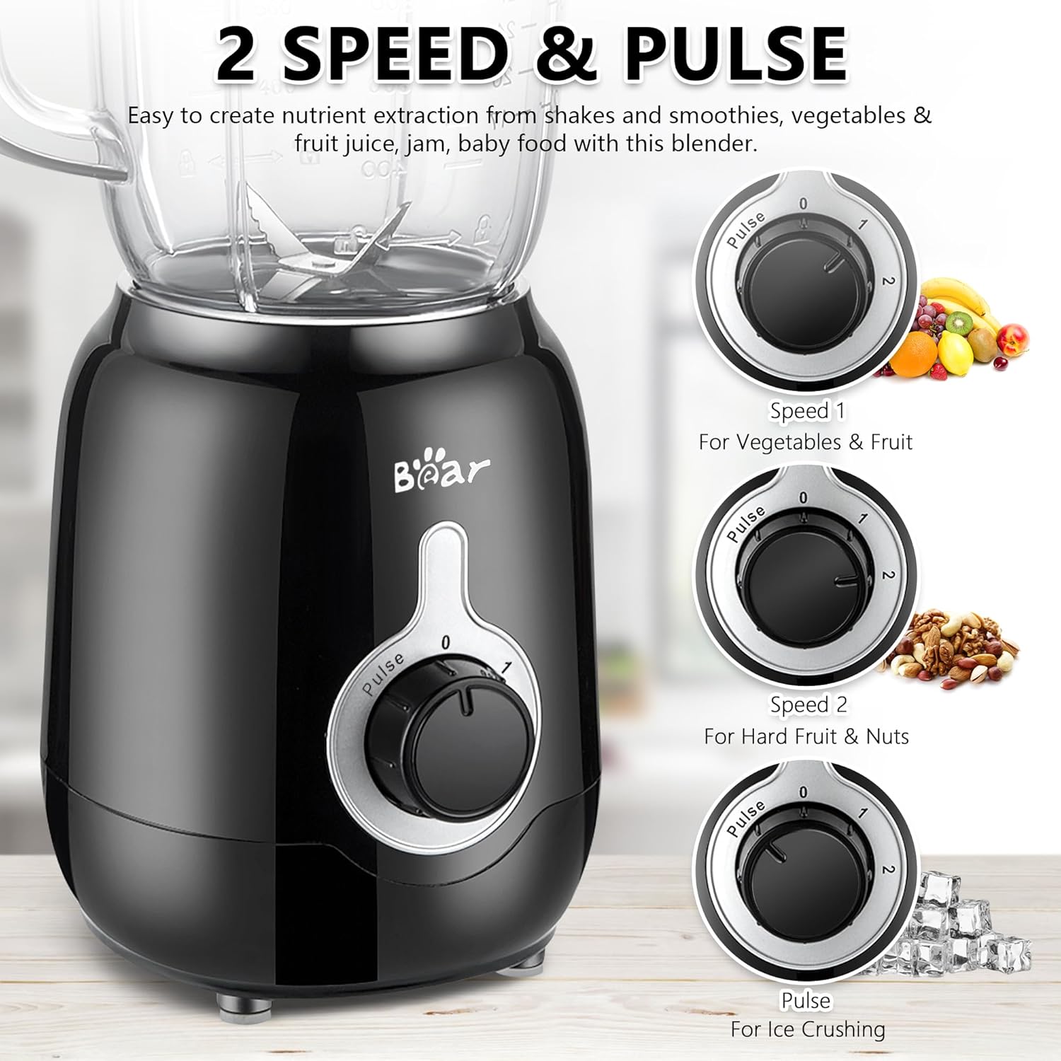 Bear Blender, 2025 New 700W Smoothie Countertop Blender with 40oz Cup for Shakes and Smoothies, 3-Speed for Crushing Ice, Puree and Frozen Fruit with Autonomous Clean - Image 2