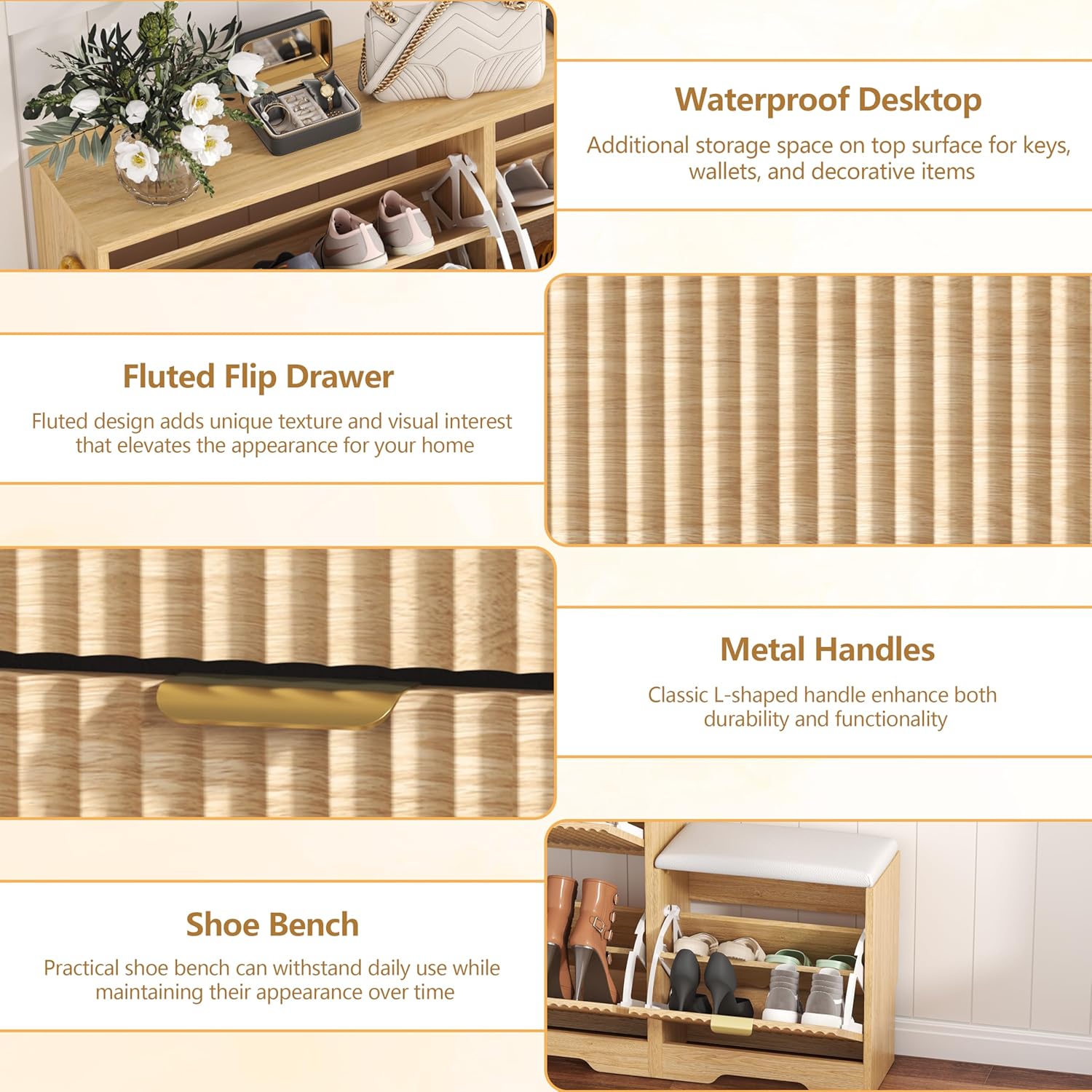 HUANLEGO Shoe Cabinet Storage for Entryway with 4 Flip Drawers, Oak Fluted Shoe Cabinet with Bench, Wooden Hidden Shoe Rack Freestanding Narrow Slim Shoes Storage Organizer for Hallway, Entrance - Image 5