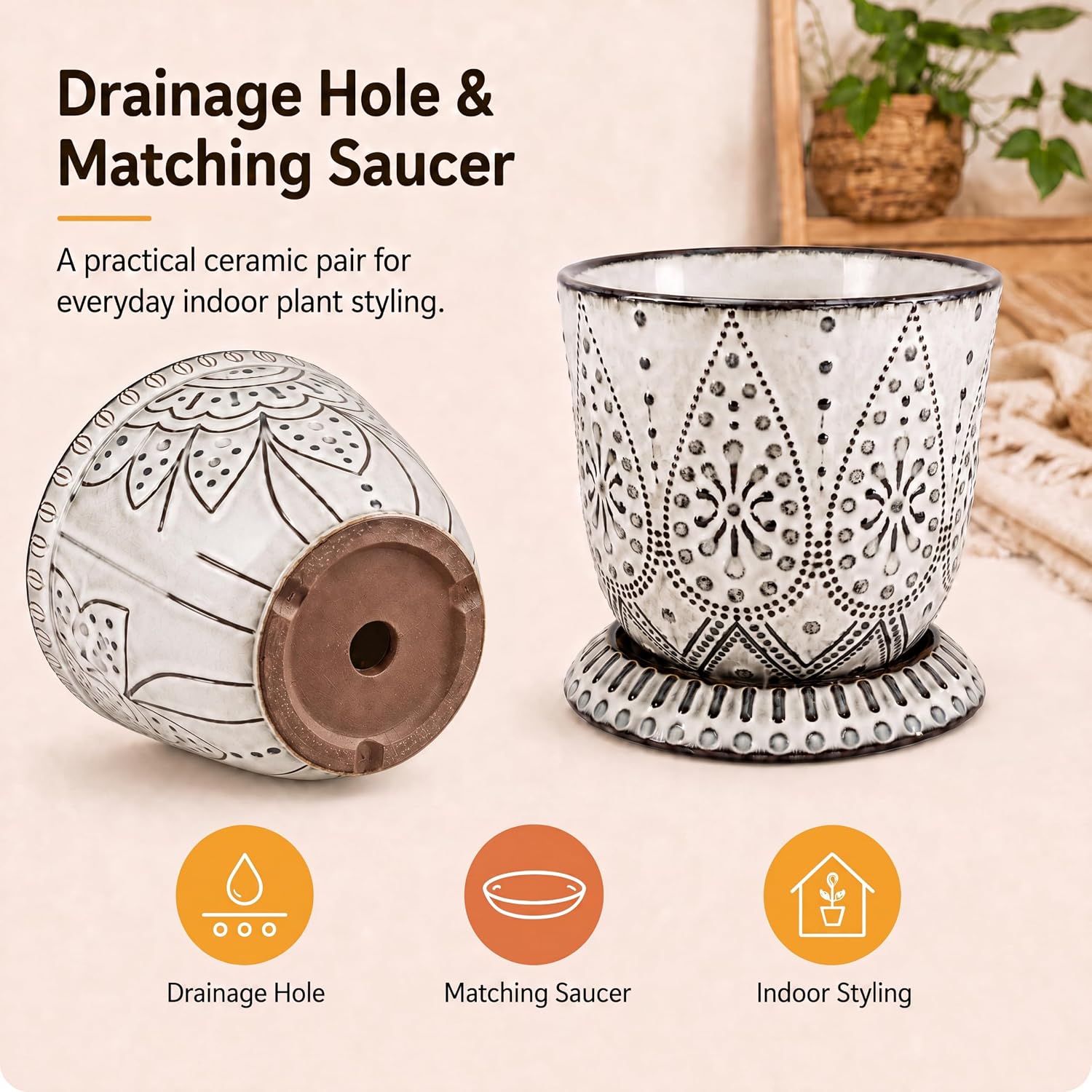 Gepege 6 Inch Beaded Ceramic Planter Set of 2 with Drainage Hole and Saucer for Plants, Indoor-Outdoor Large Round Succulent Orchid Flower Pot (Smoked Gray, Inner-pots not Larger Than 5 Inch) - Image 4