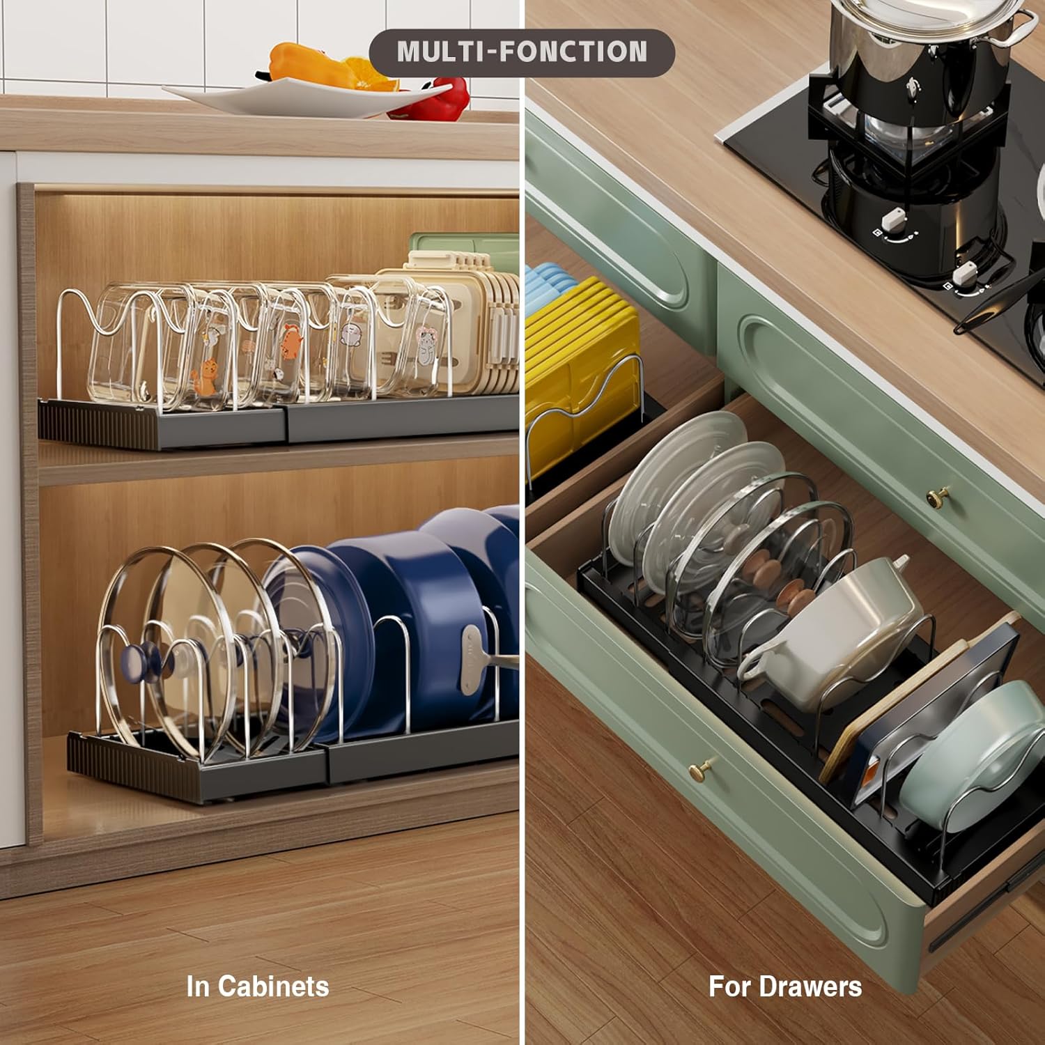 Magheo 2 Pack Expandable Food Storage Container Lid Organizers, 22" Pots and Pans Organizer Under Cabinet with 9 Adjustable Dividers Pot and Pan Lid Holders Rack Inside Cabinet(Black) - Image 4
