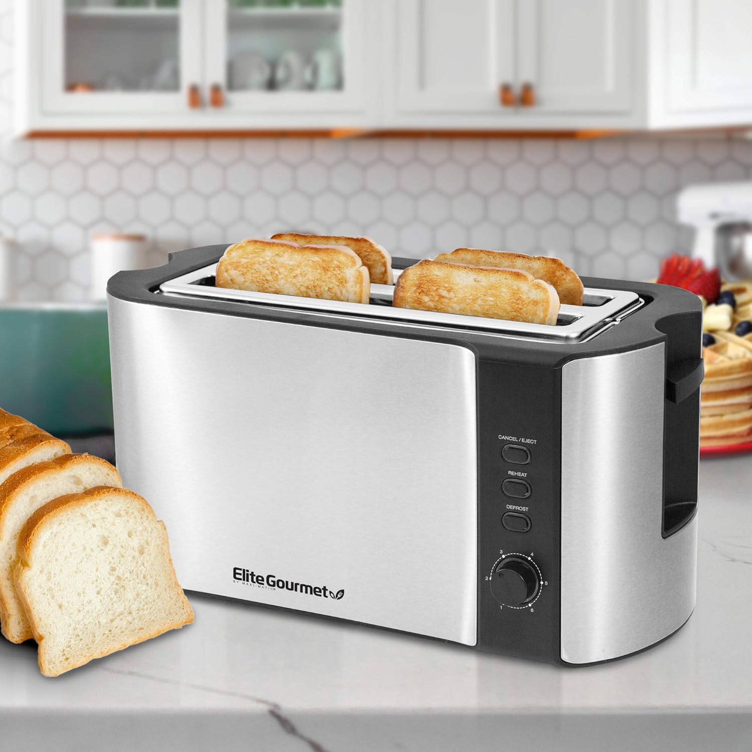 Elite Gourmet ECT-3100 4-Slice Long Slot Toaster | Extra Wide Slots for Bagels, Sourdough & Texas Toast | 6 Browning Settings | Reheat, Defrost & Cancel | Built-In Warming Rack | Stainless Steel - Image 2