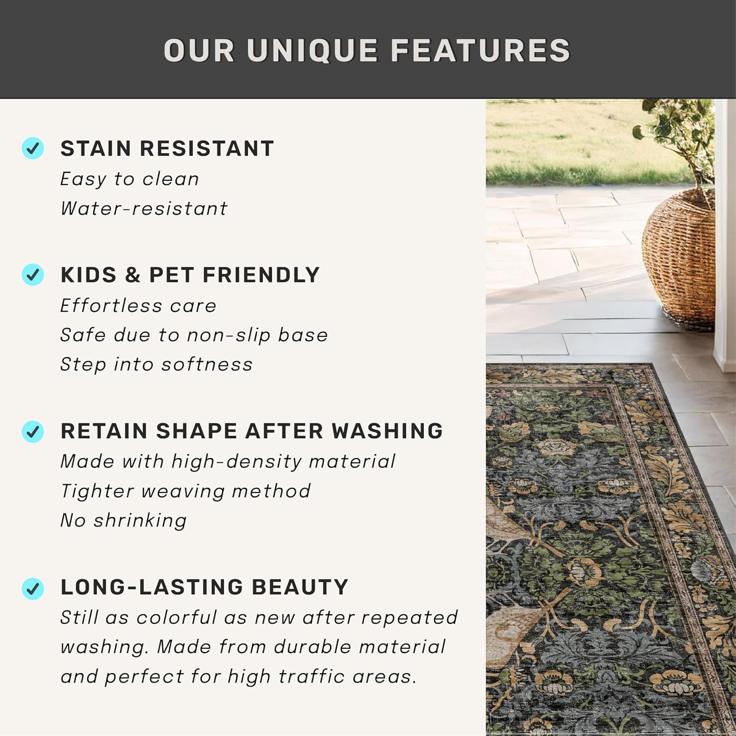 Hazo Haus Vintage Floral Area Rug 5x7 for Living Room - Dark Green Forest Bird Rugs for Bedroom, Dining Room, Office, Non Slip Stain Resistant Low Pile - Image 6