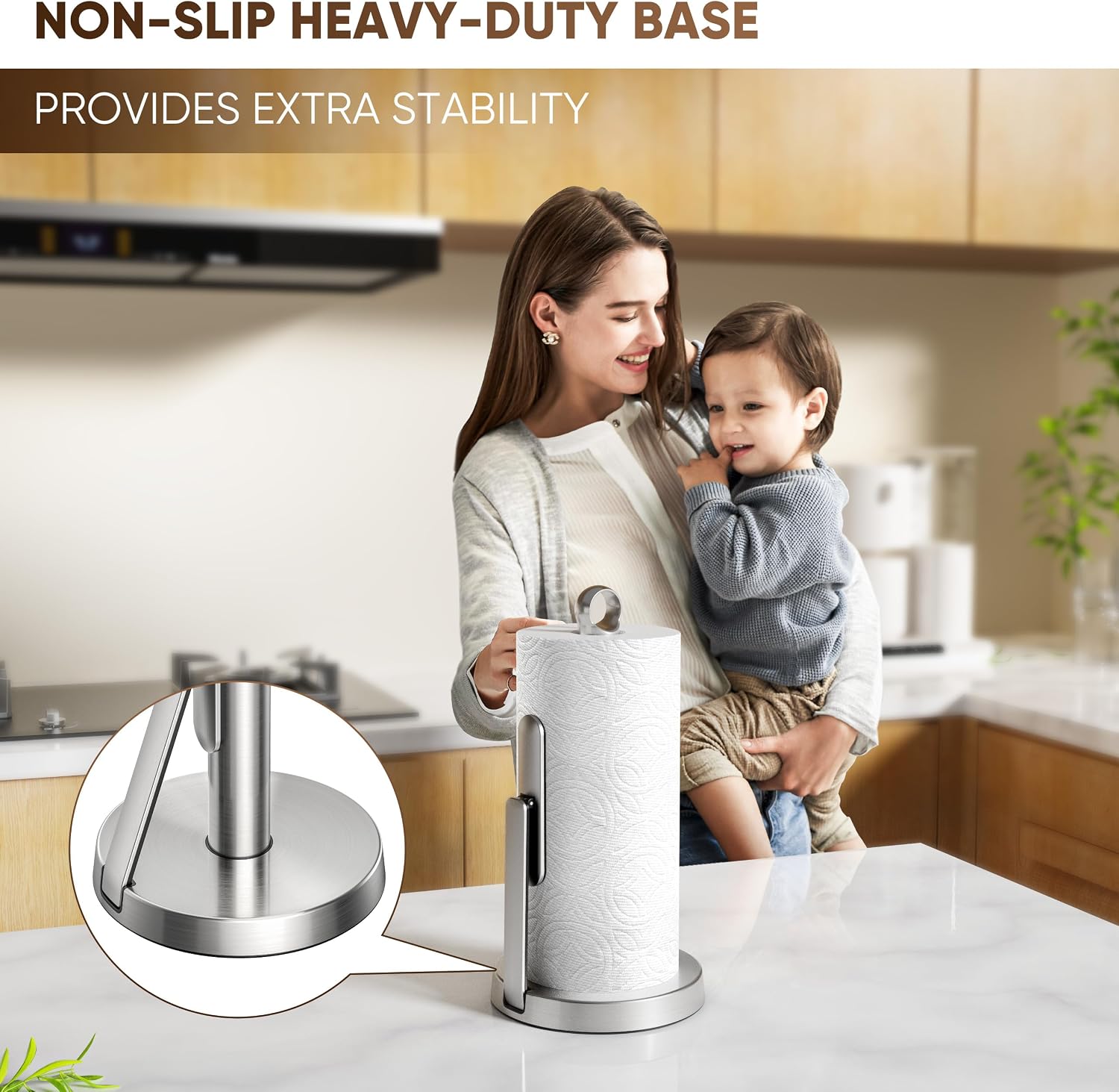 theaoo Heavy-Duty Stainless Steel Paper Towel Holder with Tension Arm – Easy One-Handed Tear, Modern Standing Countertop Dispenser for Kitchen, Holds All Paper Towel Rolls (1, Silver) - Image 8