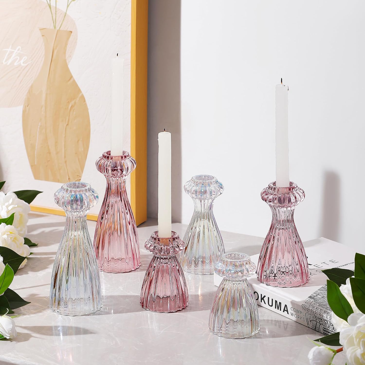 Lysenn Glass Candle Stick Holder Set of 3 – Premium Taper Candle Holders for Romantic Ambiance - Candle Sticks Holder Decor for Special Occasions - Pink - Image 2