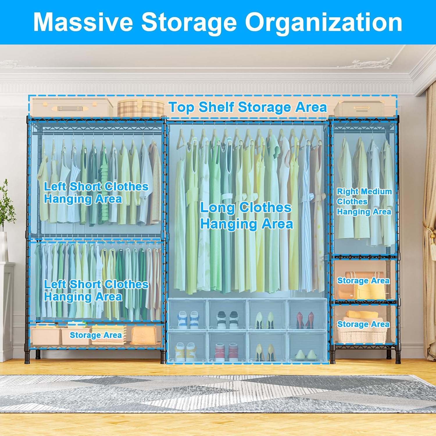 Ulif E10 Clothes Rack(With Stretchable Hanger Rod)Freestanding Clothing Racks for Hanging Clothes,Adjustable Closet Organizer System,Portable Garment Rack 73-97"W x 15" D x 72" H,Max Load 800LBS,Black - Image 4