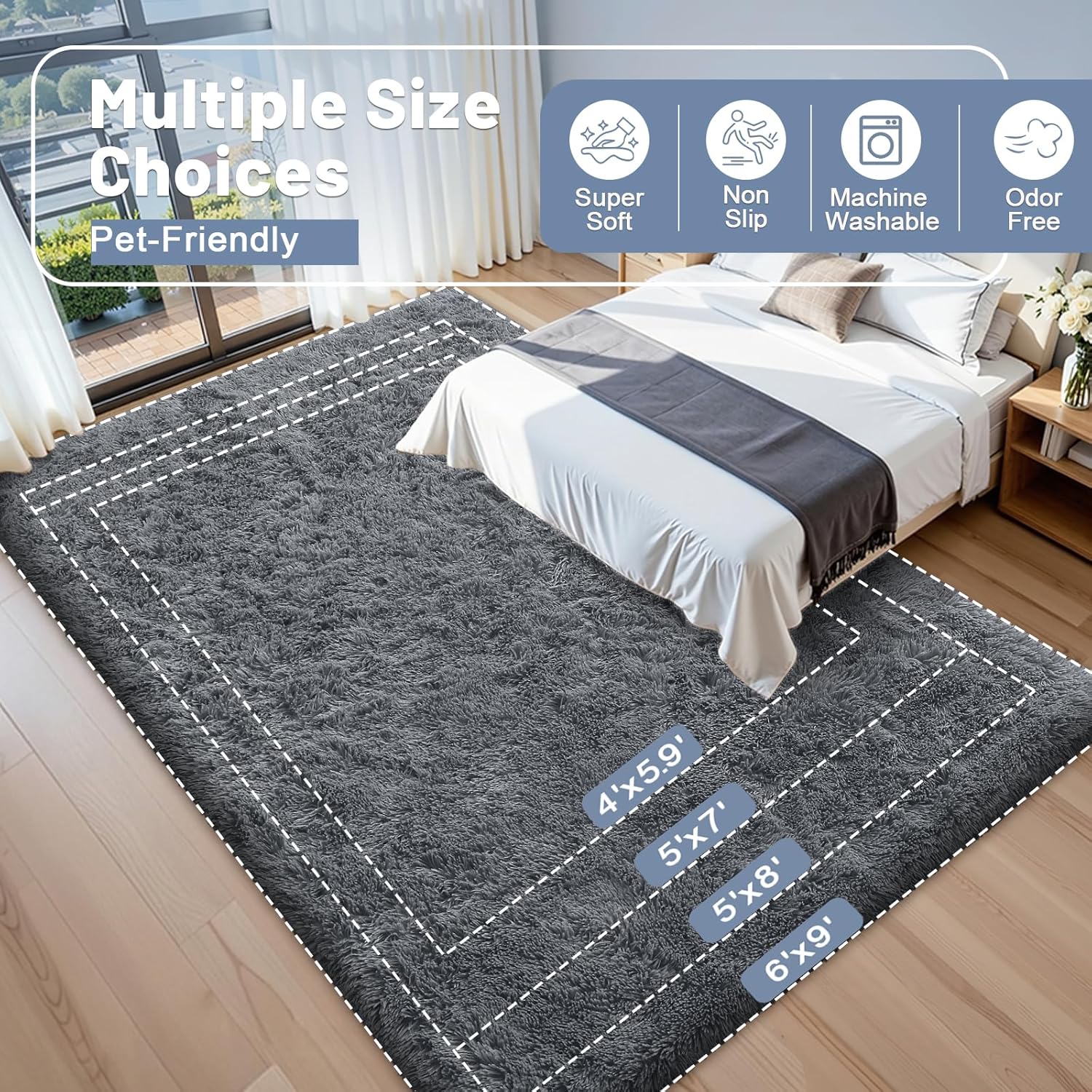 OLANLY 6x9 Machine Washable Large Area Rugs for Living Room, Bedroom, Soft Fluffy Shaggy Bedside Rug, Indoor Floor Carpet for Kids Girls and Boys, Dorms, Nursery, Home Decor Aesthetic, Grey - Image 8