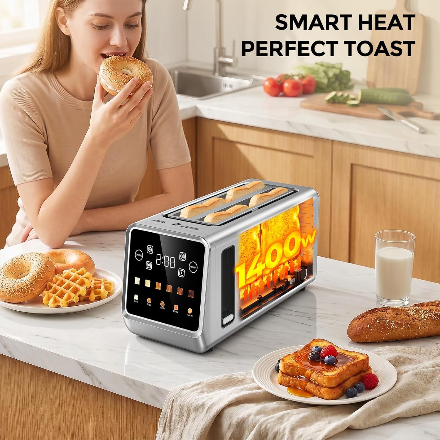 Long Slot Toaster 4 Slice with Touchscreen, 1400W Stainless Steel 2-Slot Smart Appliance Extra Wide 1.5 Inch, Single Mode BreadID Tech Timer for Bagel Waffle - Image 6