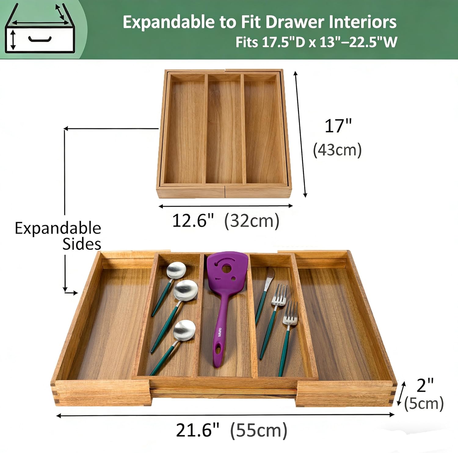 Utoplike Acacia Kitchen Drawer Organizer Expandable, Large Utensils and Cutlery Tray, Adjustable Silverware Divider for Knives Flatware - Image 3