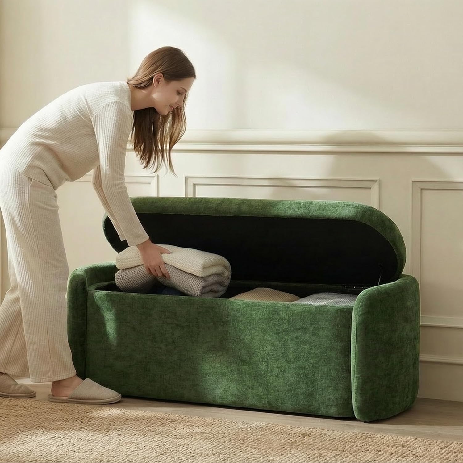 VKNOW 46" Oval Storage Ottoman Bench, Upholstered End of Bed Bench Ottomans Bench Foot Rest, Sherpa Storage Bench for Bedroom, Living Room and Hallway, Green - Image 7