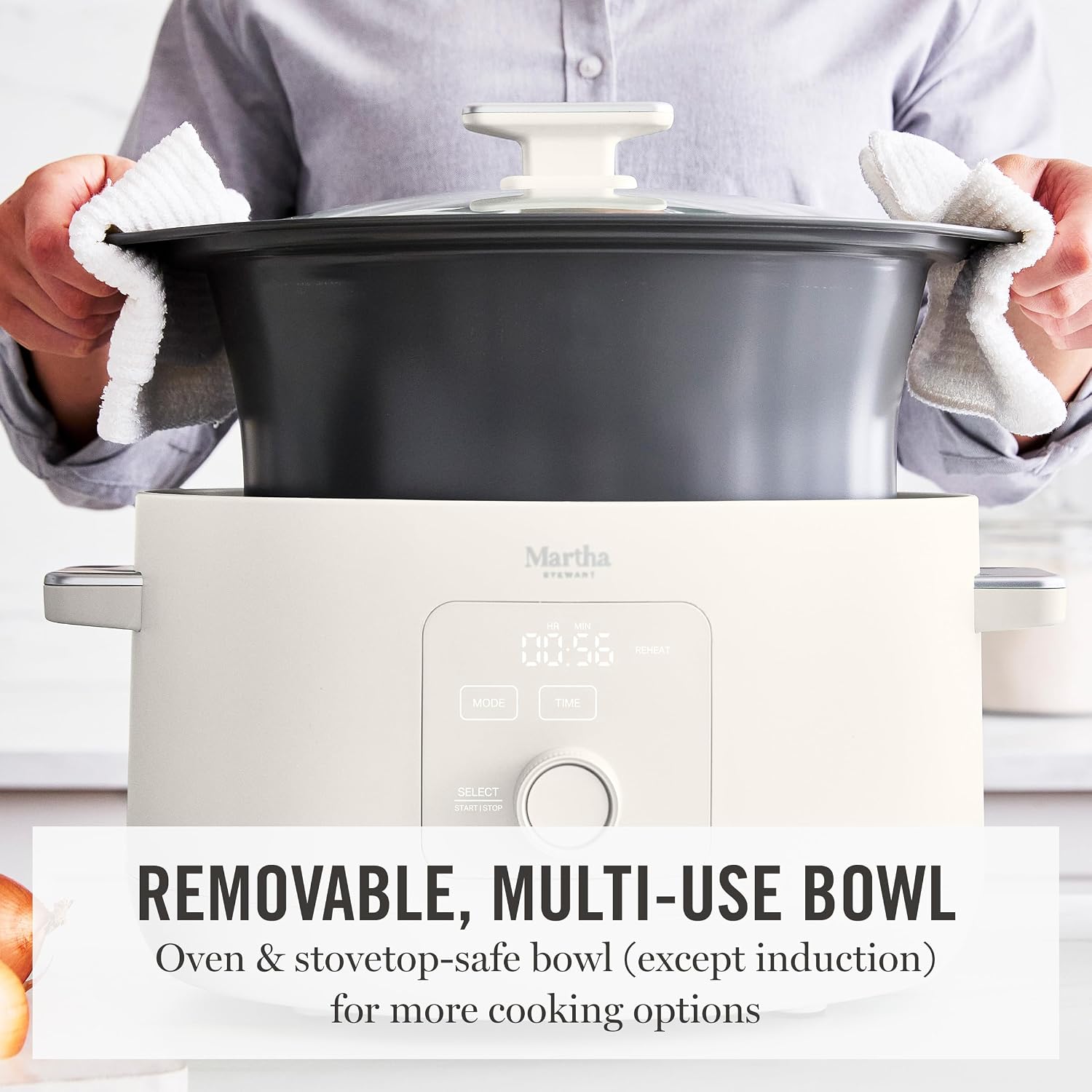 Martha Stewart 8 QT Slow Cooker, Programmable with Timer, 3 Heat Settings (Low, High, Warm), Nonstick Ceramic Removable Crock, Stovetop & Oven Safe, Glass Lid, Simmer, Reheat, Warm, Linen - Image 4