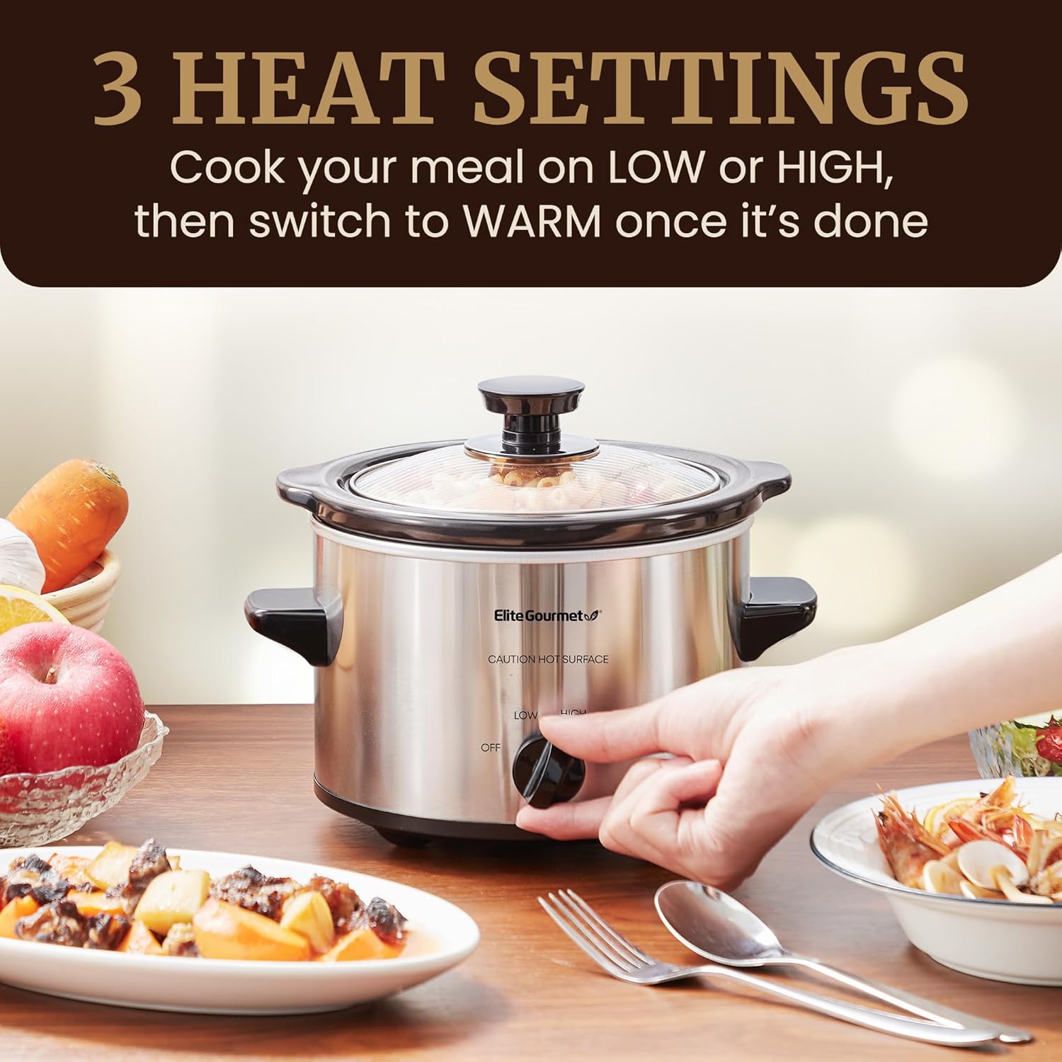 Elite Gourmet MST-250XS Electric Slow Cooker Ceramic Pot, Adjustable Temp, Entrees, Sauces, Stews & Dips, Dishwasher Safe Glass Lid & Crock, 1.5 Quart, Stainless Steel - Image 2