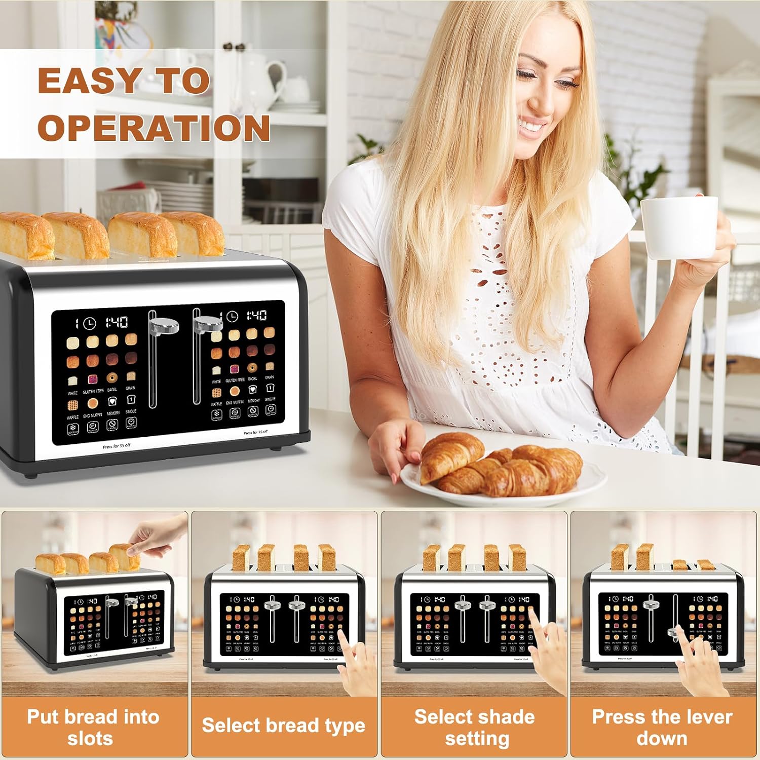 4 Slice Toaster Touch Screen, Stainless Steel Toasters Digital Timer, Dual Control Panel Toasters, 8 Shade Settings 6 Bread Types for Bagel, Cancel, Defrost 1650W Black - Image 6