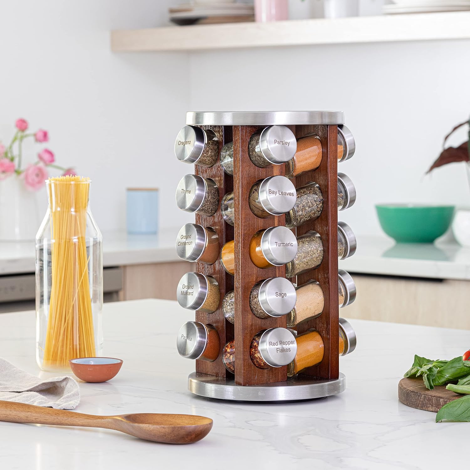 Orii 20 Jar Rotating Dark Acacia Wood Spice Rack with Spices Included & 5-Year Spice Refill Program – Rustic Wood Countertop Spice Rack with Glass Jars - Image 2