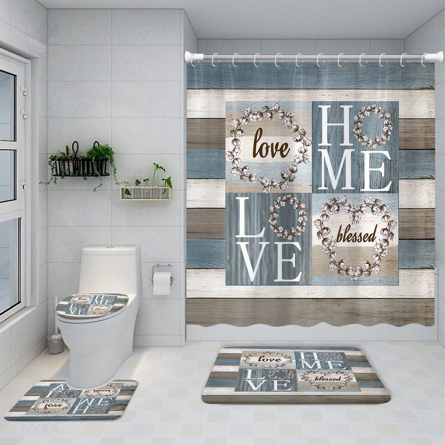 4PCS Rustic Floral Flower Sweet Love Home Fabric Shower Curtain Set, with Non-Slip Rugs, Toilet Lid Cover and Bath Mat Farmhouse Country Vintage Wood Plank Cotton Bathroom Decor Waterproof 72x72 - Image 2