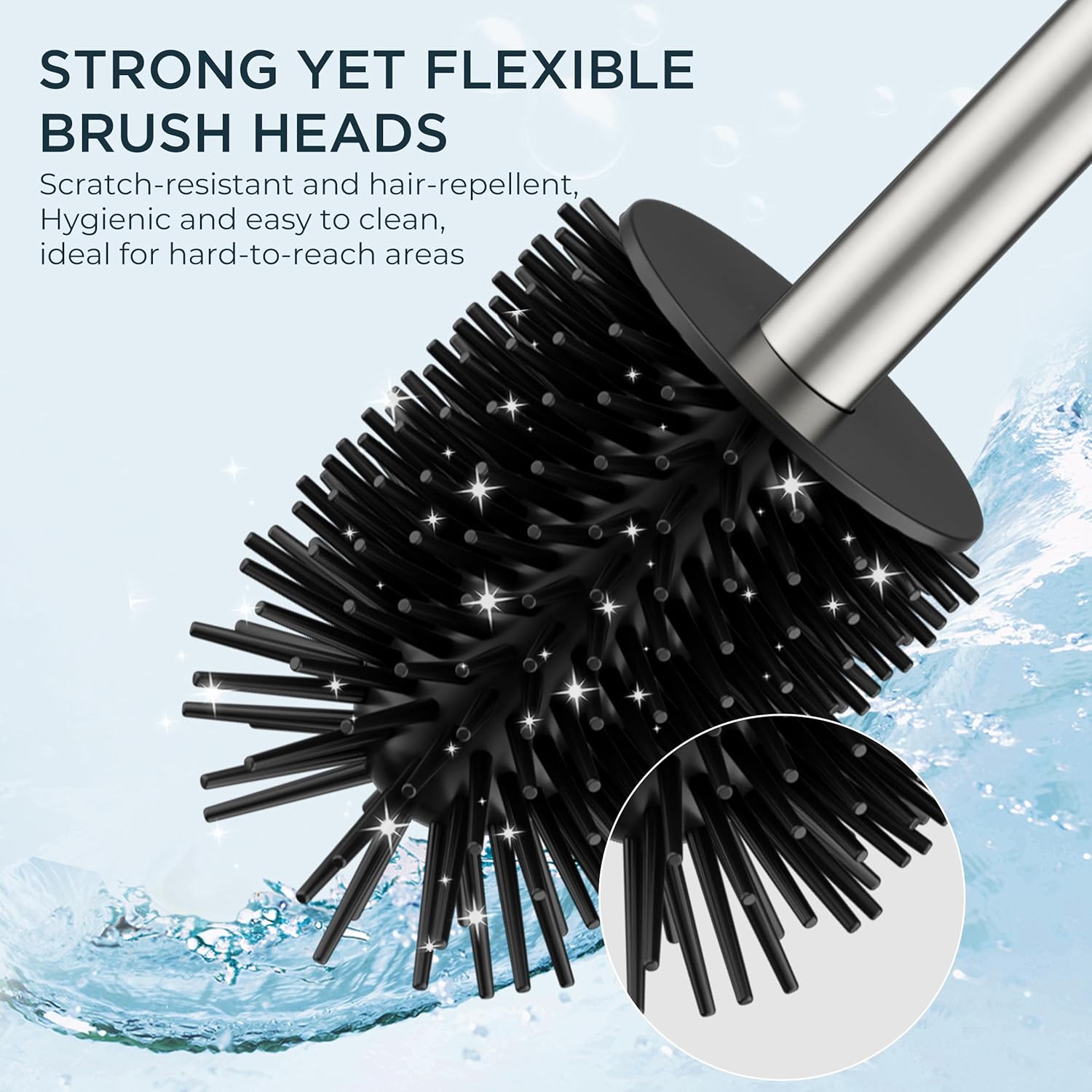 FORIOUS Toilet Brush and Holder Set, SUS304 Stainless Steel Square Base, Extended Long Handle, Drip-Proof & Space Saving, 2 Replaceable Brush Heads, Plastic & Silicone Dual Brush Head, Brushed Nickel - Image 7