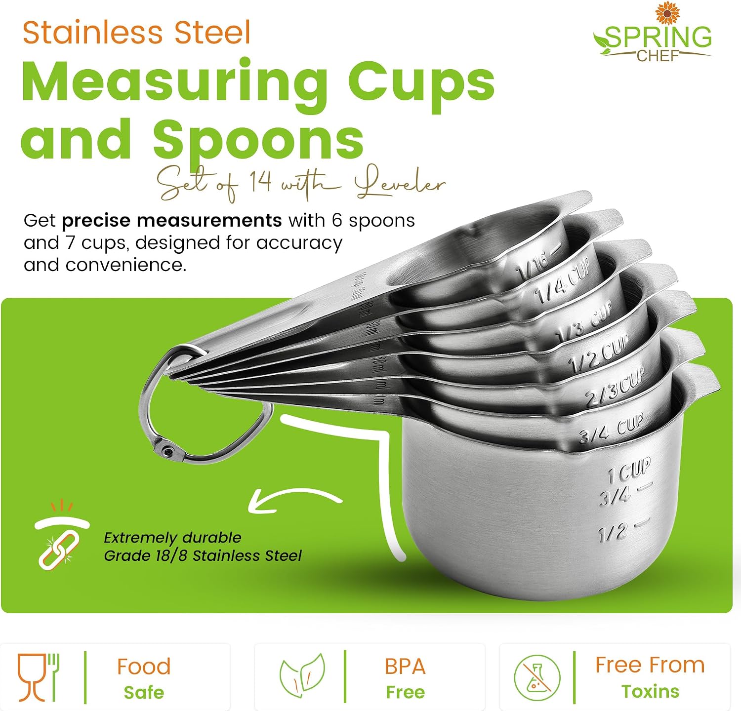 Spring Chef Stainless Steel Measuring Cups and Spoons Set of 14 with Leveler, Nesting Kitchen Metal Measuring Cups and Spoons Set for Dry and Liquid Ingredients, Perfect for Cooking & Baking - Image 4