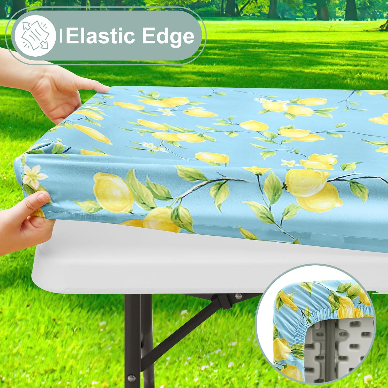 misaya Picnic Table Cover with Bench Cover, Waterproof Elastic Fitted Tablecloth for 6 Foot Tables, Rectangle Washable Polyester Fabric Tablecloths for Picnic, Camping, Outdoor (Lemon, 30" x 72") - Image 3