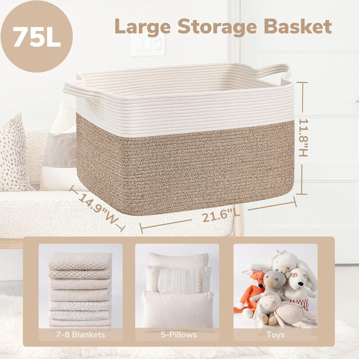 Goodpick Large Woven Blanket Basket, 21.6" x 14.9" x 11.8" Storage Baskets for Organizing, Rectangle Cotton Rope Toy Basket for Living Room, Bedroom, White & Brown - Image 3