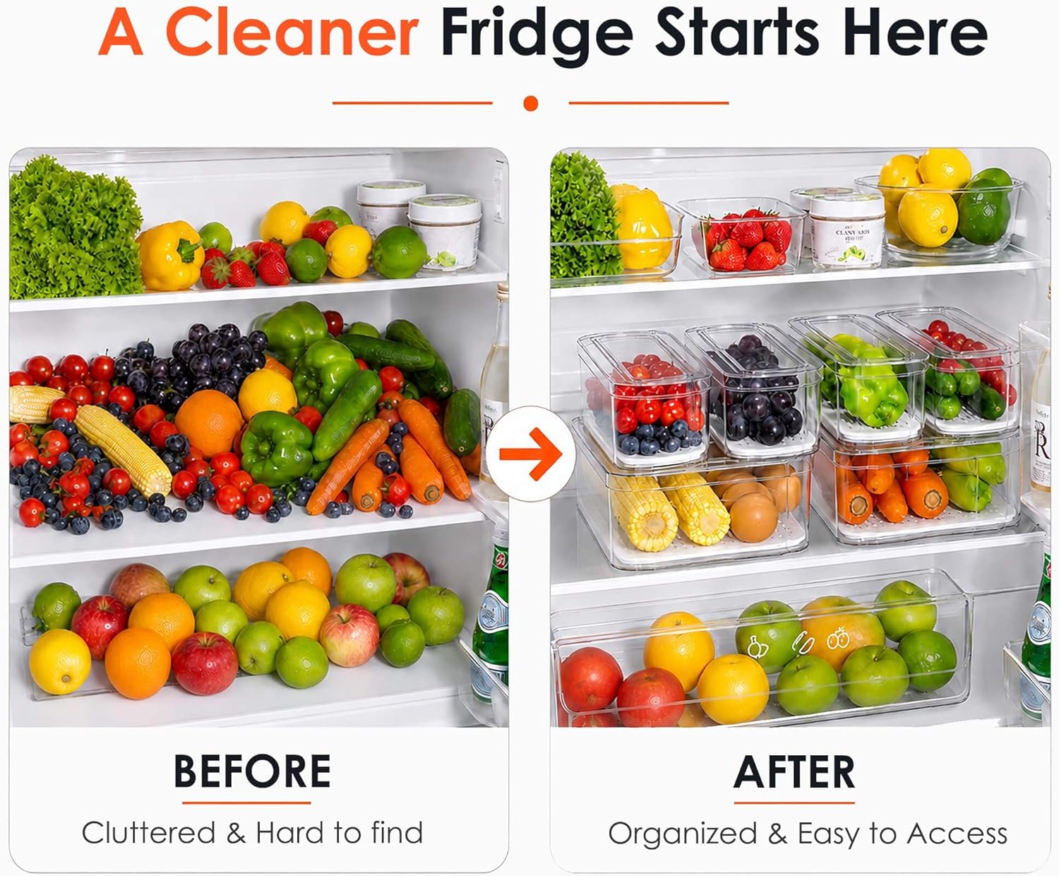 SMRCAD 6 Pack Clear Fridge Organizer Bins with Drain Trays - Stackable | BPA-Free PET, 6 Pack: 6 lidded Bins (Not drawer), Helps Keep Produce Fresh, 14L Capacity, Hand Wash Only - Image 5