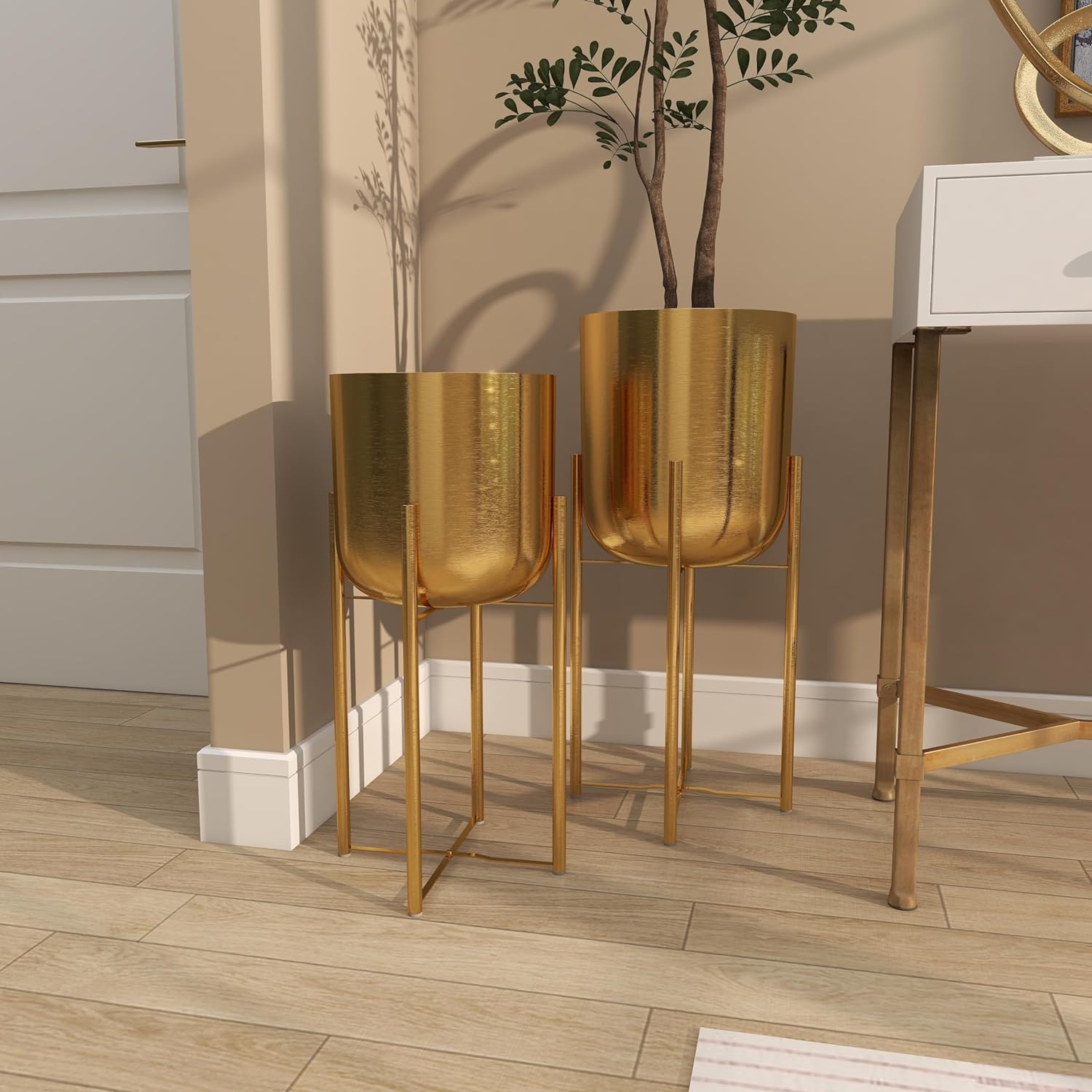 CosmoLiving by Cosmopolitan Metal Indoor Outdoor Planter Dome Large Planter Pot with Removable Stand, Set of 2 Planters 19", 22"H, Gold | Large planter pots with removable plant stand indoor outdoor use, not watertight - Image 9