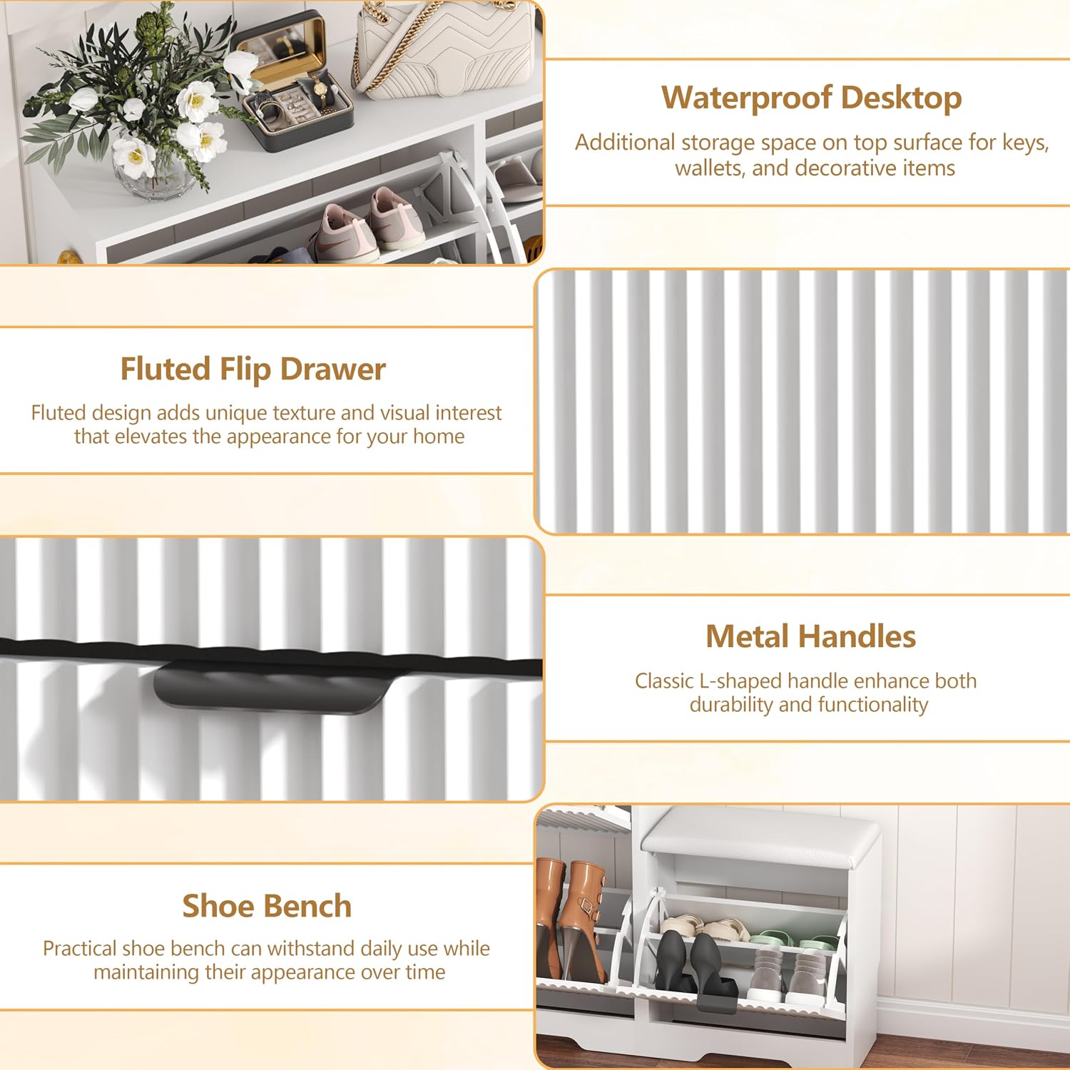HUANLEGO Shoe Cabinet Storage for Entryway with 4 Flip Drawers, White Fluted Shoe Cabinet with Bench, Wooden Hidden Shoe Rack Freestanding Narrow Slim Shoes Storage Organizer for Hallway, Entrance - Image 5