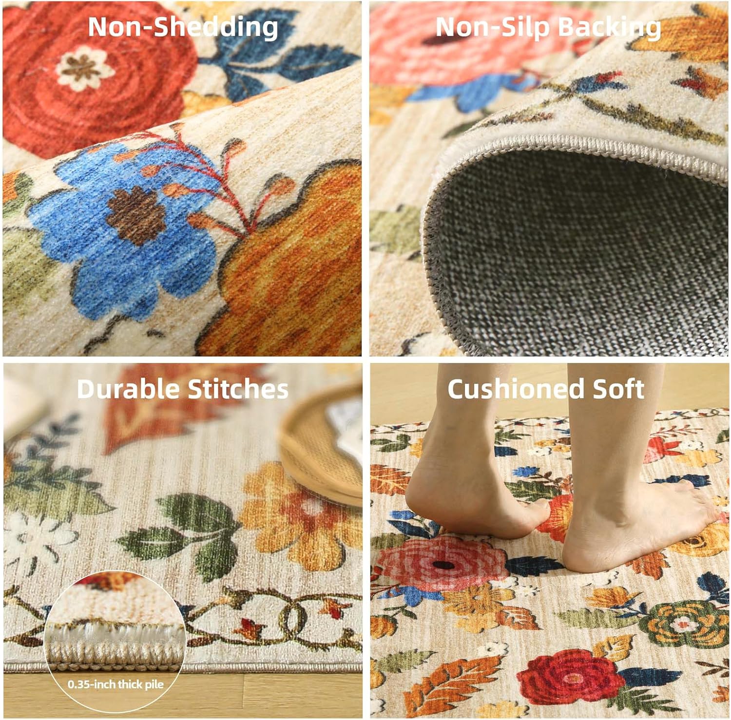 8x10 Area Rugs for Living Room: Washable Rug Non Slip Low Pile Soft Faux Wool Non Shedding Distressed Vintage Floral Large Area Rugs for Bedroom Dining Room Nursery Under Table Farmhouse Home Office - Image 4