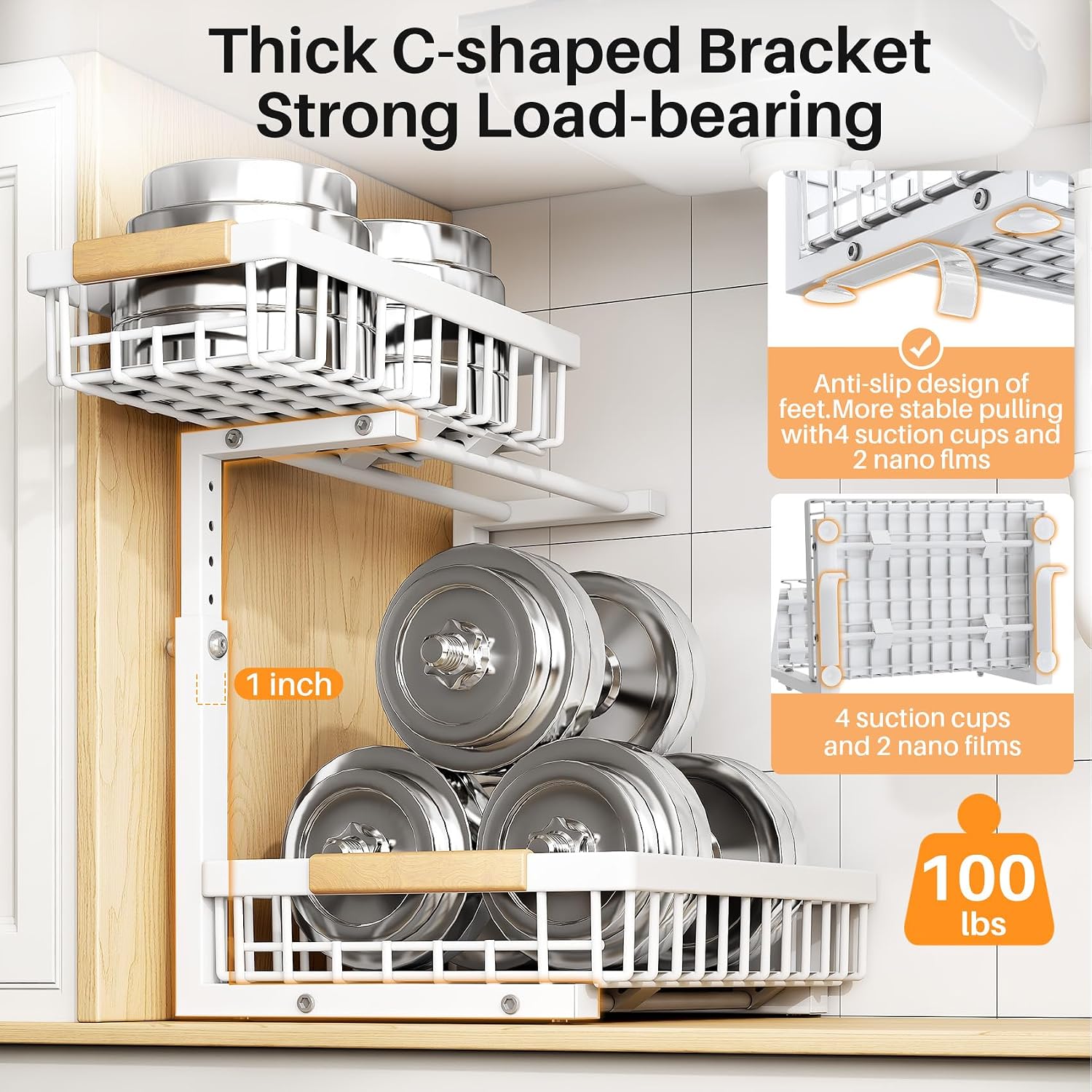 PXRACK Under Sink Organizer, Adjustable Height, 2 Tier Pull Out Under Cabinet Organizer, Slide Out Thickened Metal Under Sink Storage for Kitchen Bathroom Laundry Pantry Cabinet, White, Large-2-Pack - Image 6