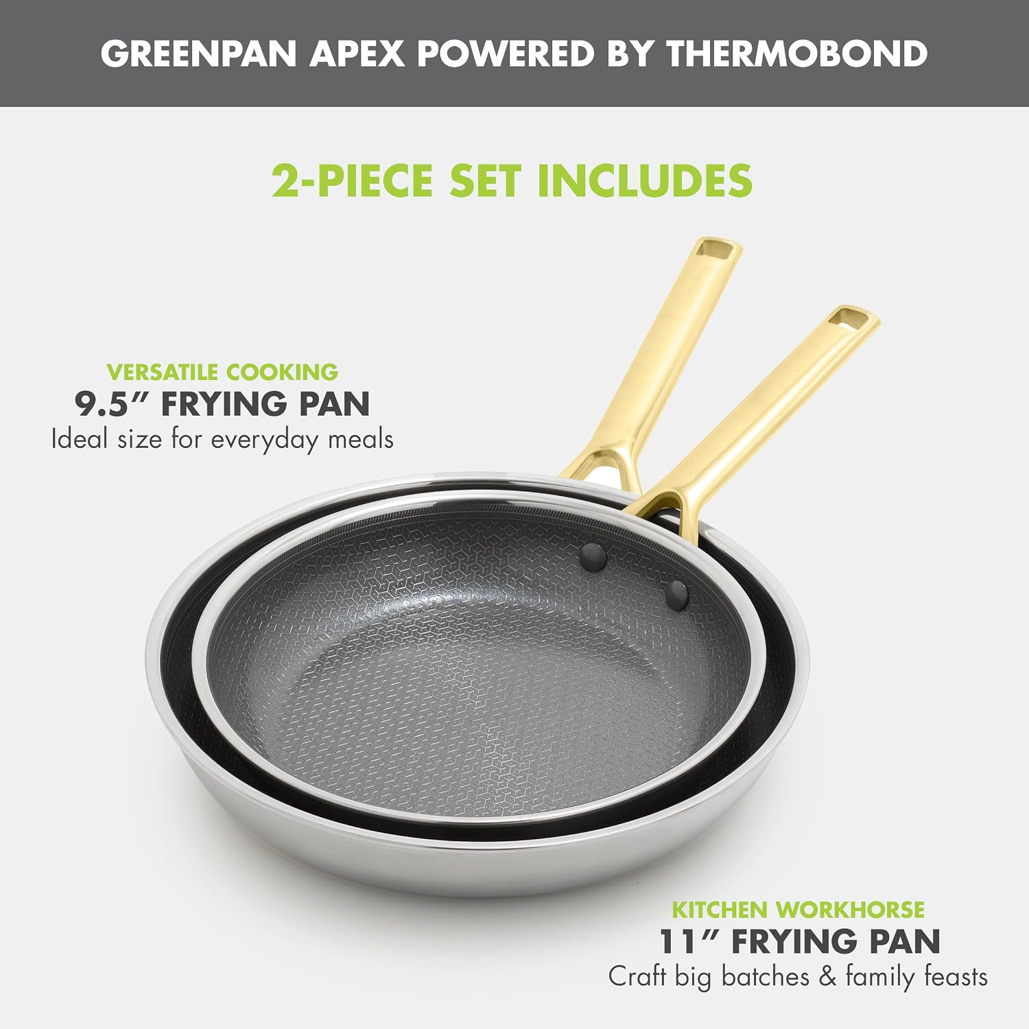 GreenPan Hybrid 9.5” & 11” Nonstick Stainless Steel Frying Pan Set, APEX Tri-Ply Thermobond PFAS-Free Ceramic Skillets, Induction & All Cooktop Compatible, Oven Temp to 850°F, Dishwasher Safe, Gold - Image 4