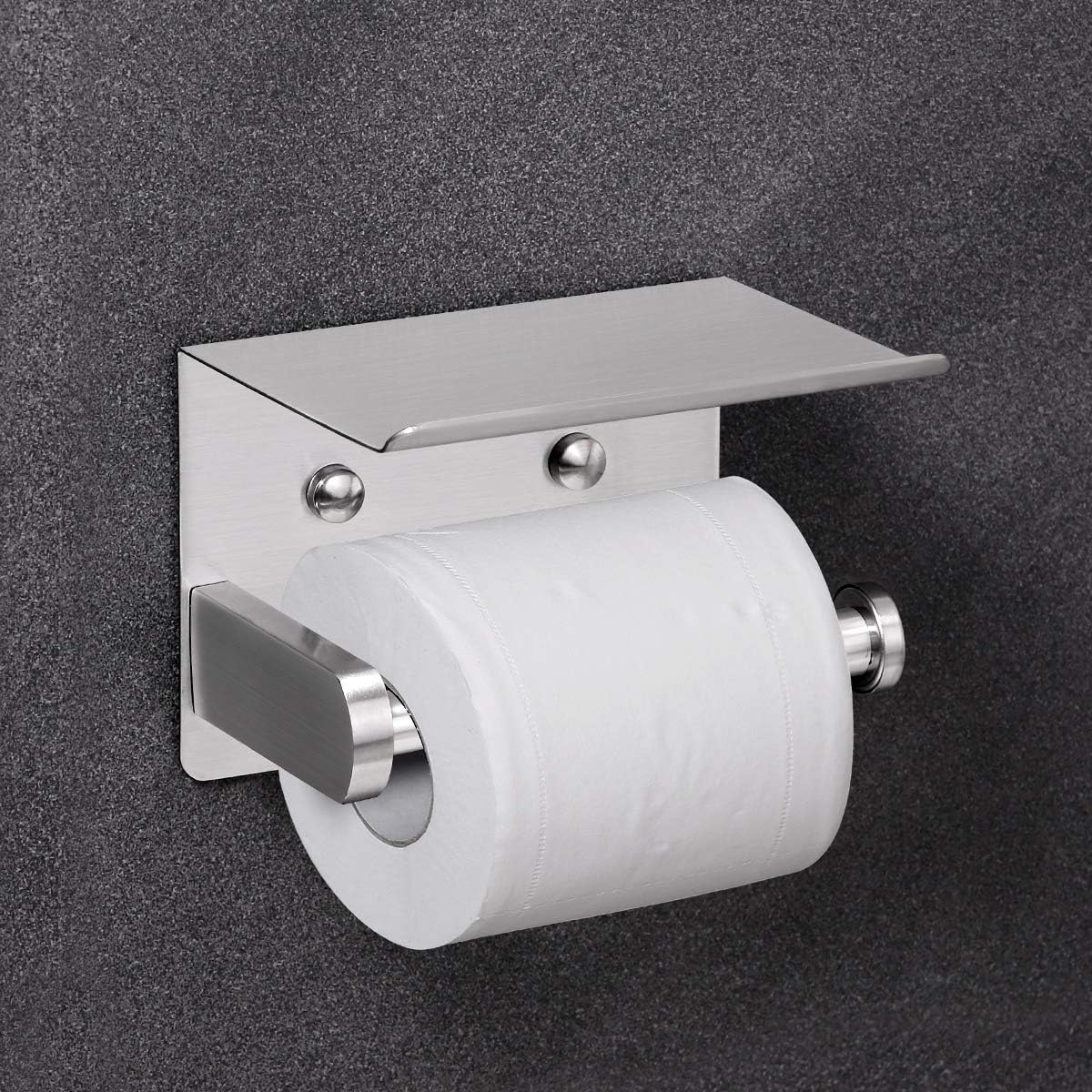 VAEHOLD Self Adhesive Toilet Paper Holder with Phone Shelf Stainless Steel Wall Mounted Toilet Paper Roll Holder - Rustproof and Bathroom Washroom Tissue Roll Holder with Storage Shelf - Silver - Image 4