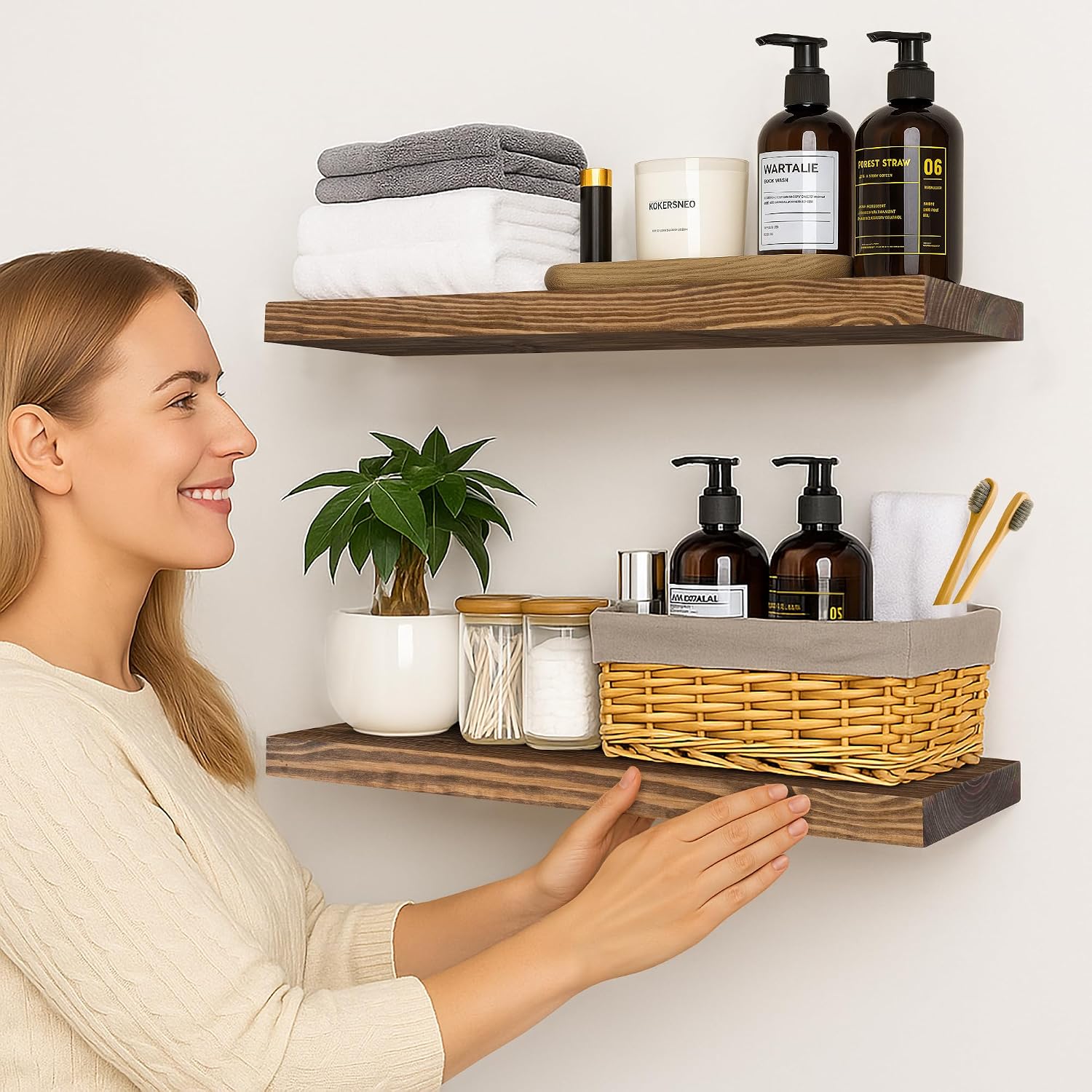 BGMG Wood Floating Shelves for Wall 24 inch Set of 2, Rustic Wooden Wall Mount Shelves for Bathroom Living Room Bedroom Kitchen Farmhouse -24x6.7-Dark Walnut - Image 7
