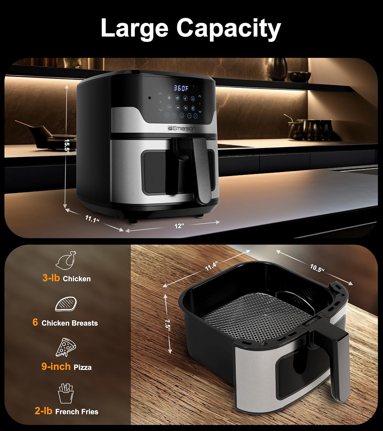 Emerson SmartVoice 5.3QT Air Fryer, 1000+ Voice Commands, 6-in-1 Digital Cooker, Compact Countertop Design, Oil-Free Healthy Cooking, Easy-Clean Nonstick Basket, 1500W - Image 6