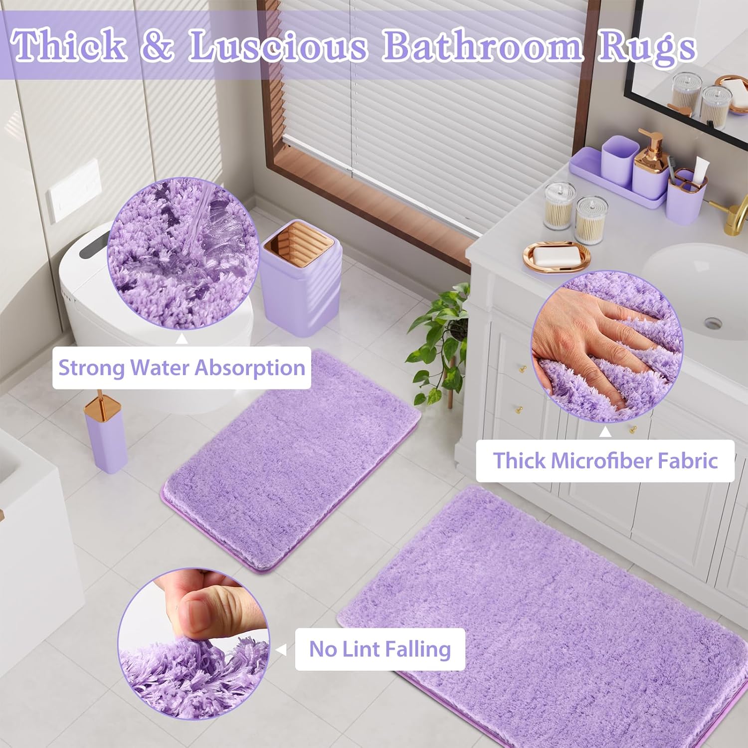 XLHOMO Bathroom Accessory Set–Bathroom Sets with Shower Curtain and Rugs, Non Slip Bathroom Rugs Super Absorbent, Light Purple Ombre Shower Curtain with Hooks, Lavender Bathroom Sets Complete for Home - Image 4