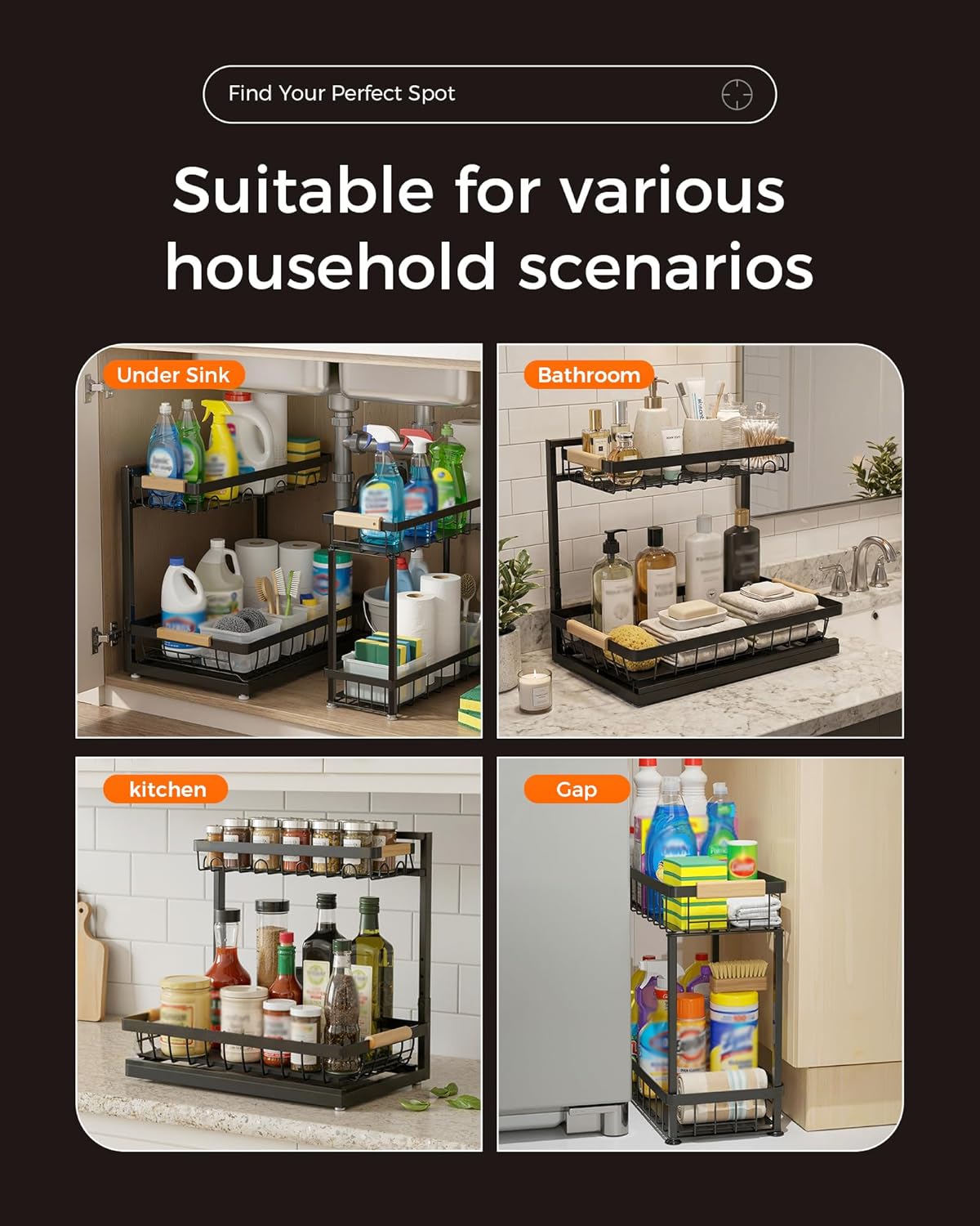 Sevenblue 2-Pack 2-Tier Height Adjustable Under Sink Organizer & Storage | Multi-purpose storage for kitchen & bathroom cabinet. Large black shelf, height adjustable design for space-saving. - Image 8